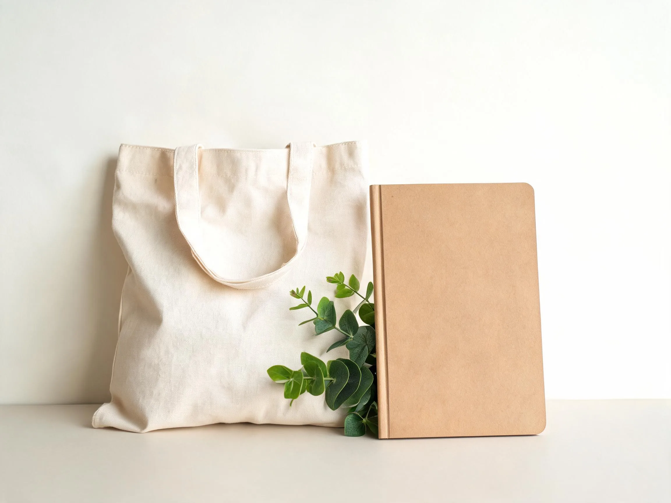 Canvas tote bag and notebook arranged as a product still life.