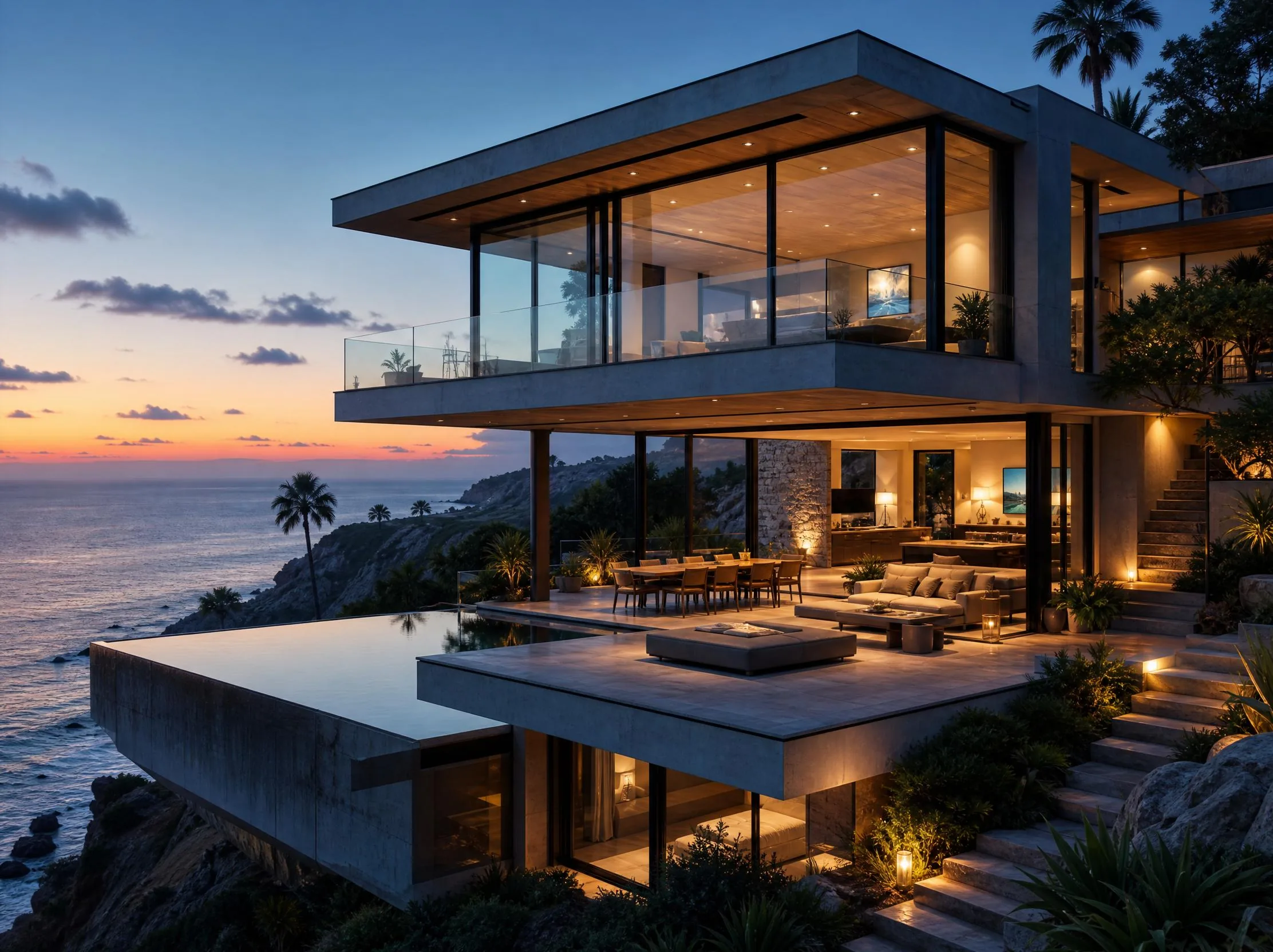 Modern glass villa on a cliffside at sunset.