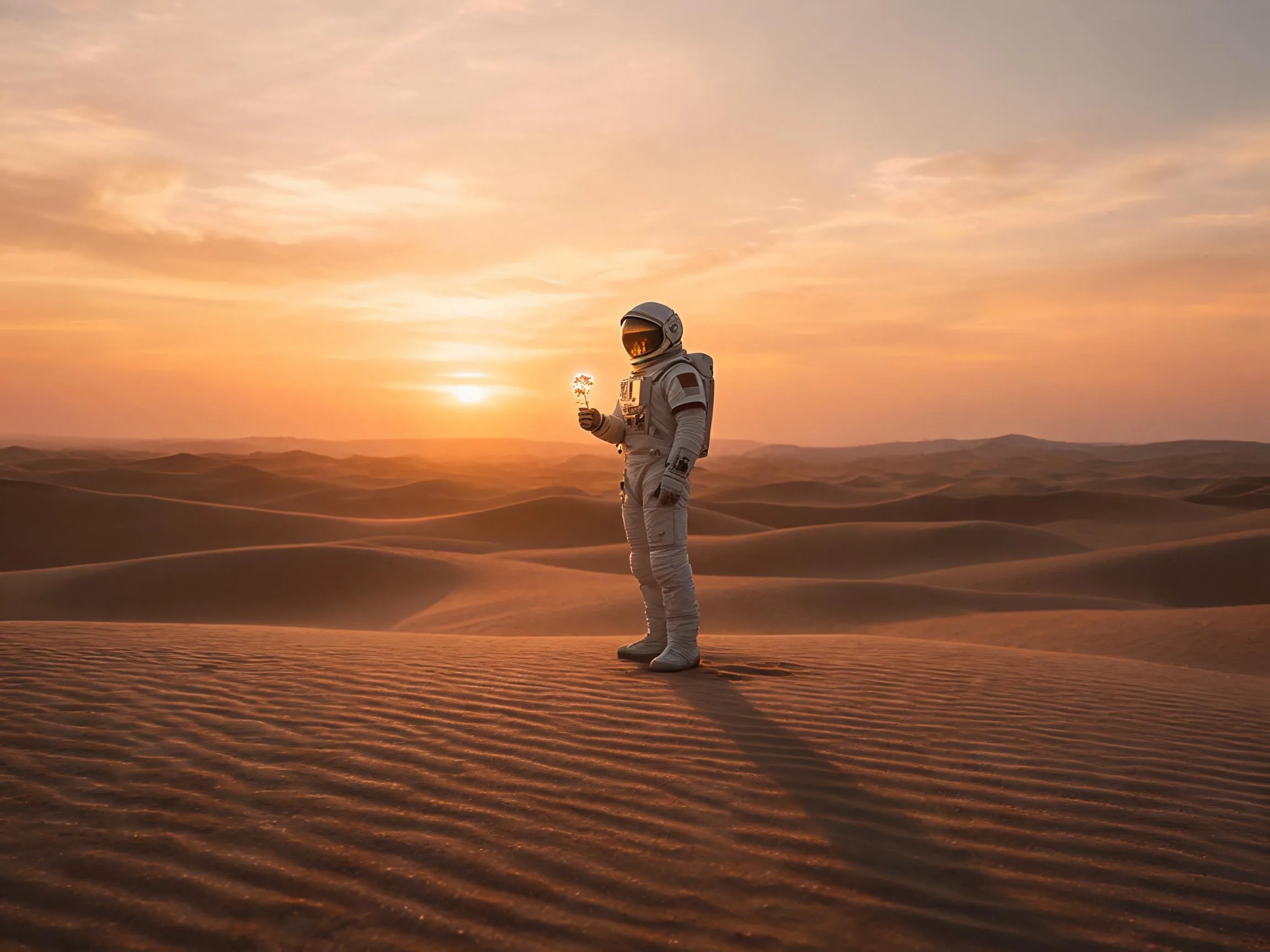 Astronaut standing in a desert landscape at sunset.