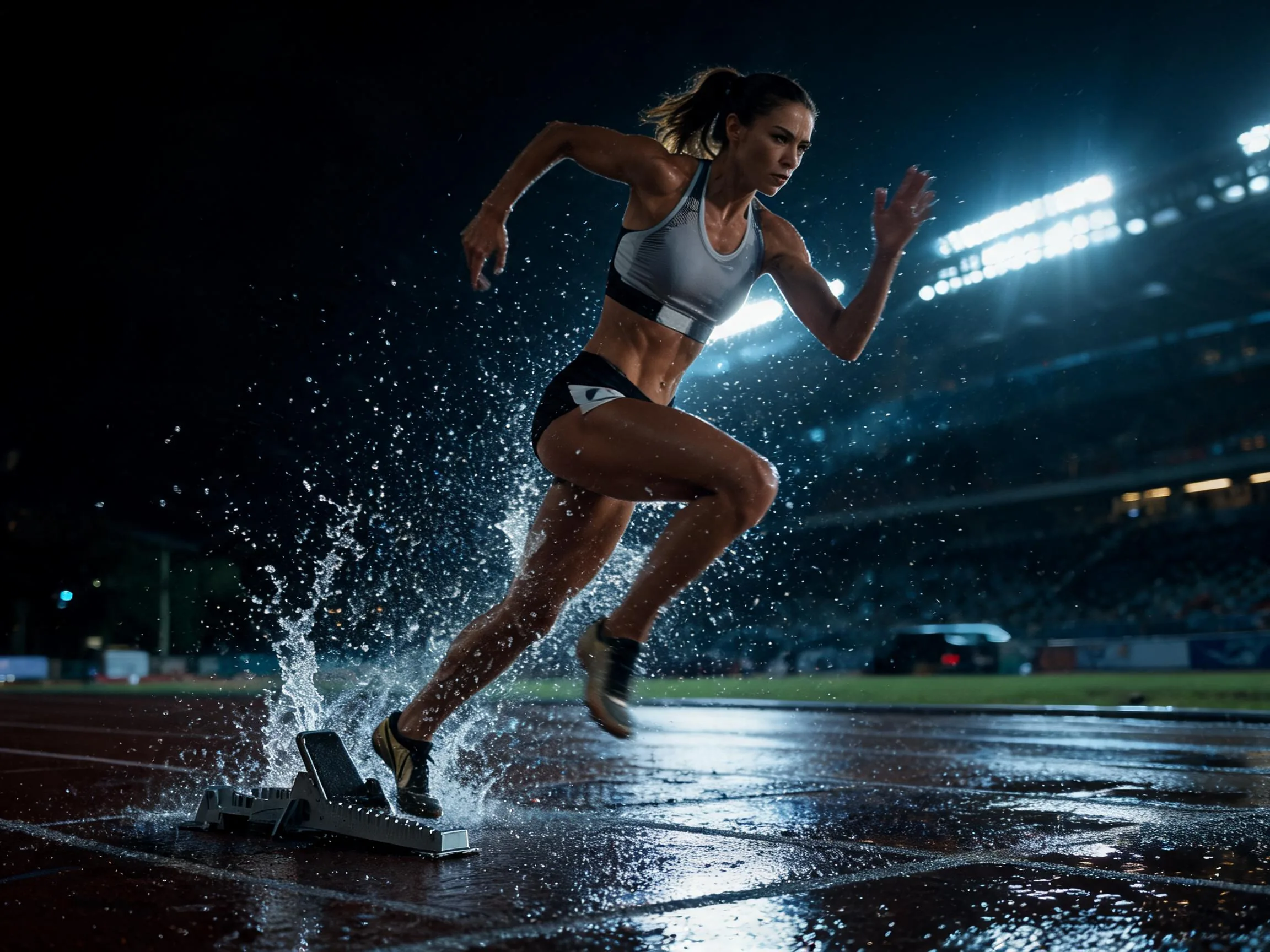 Sprinter launching from the blocks on a rainy track.