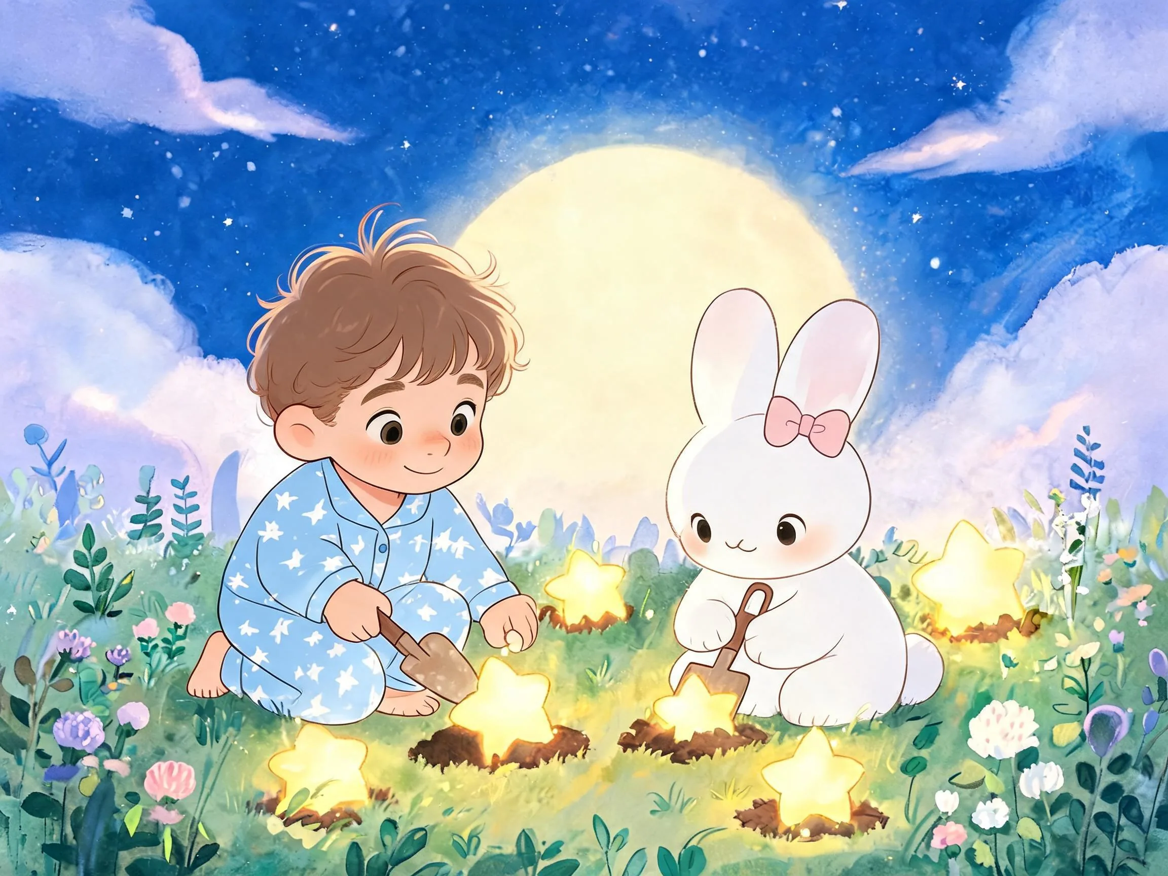 Boy and rabbit sitting beside a moonlit campfire.