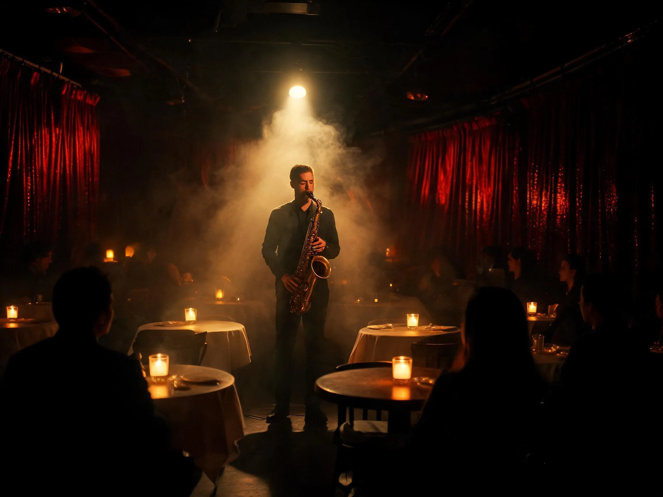 Saxophonist performing in a smoky jazz club.