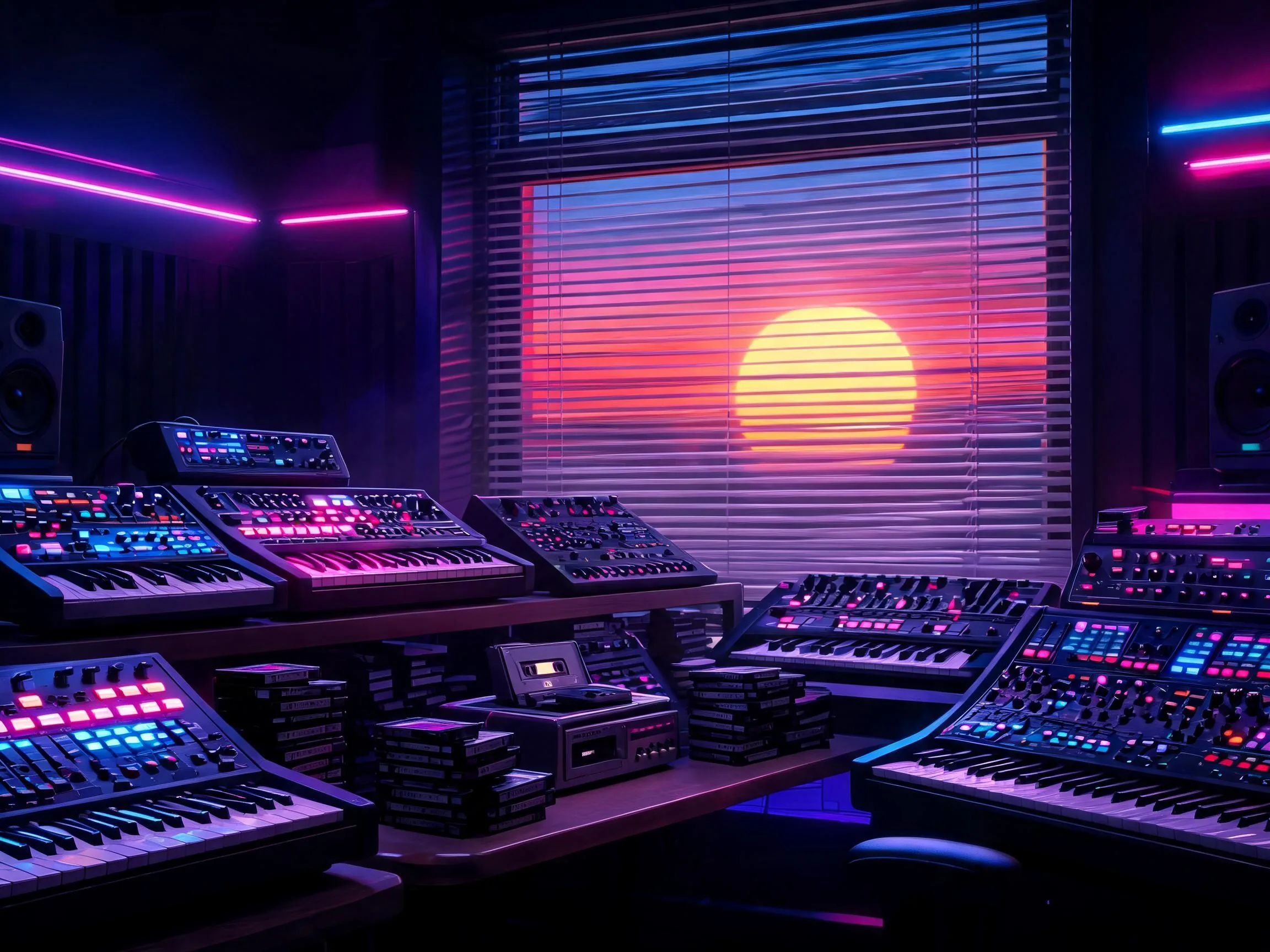 Neon synthwave music studio with keyboards and audio gear.