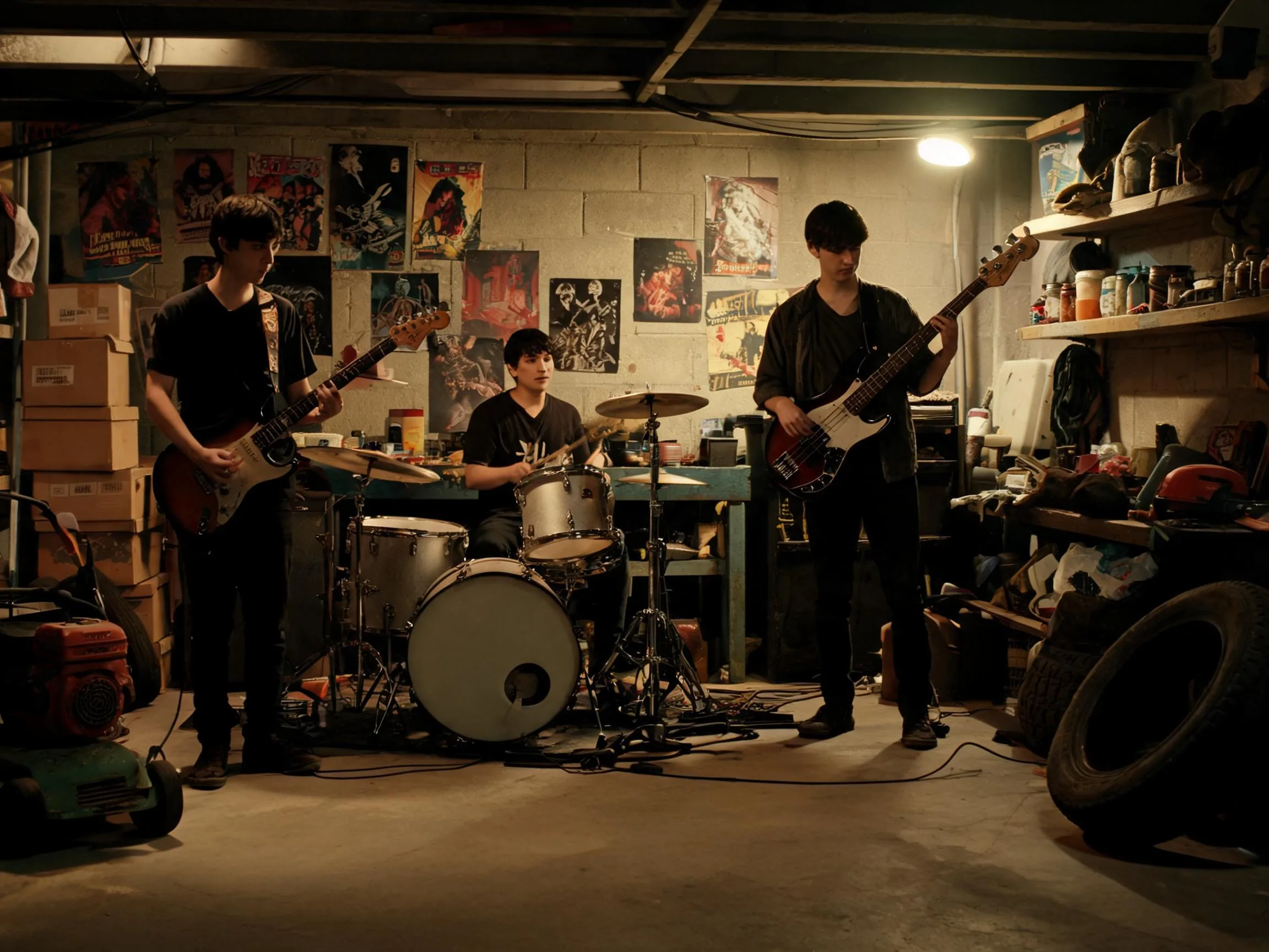 Rock band rehearsing together in a garage studio.