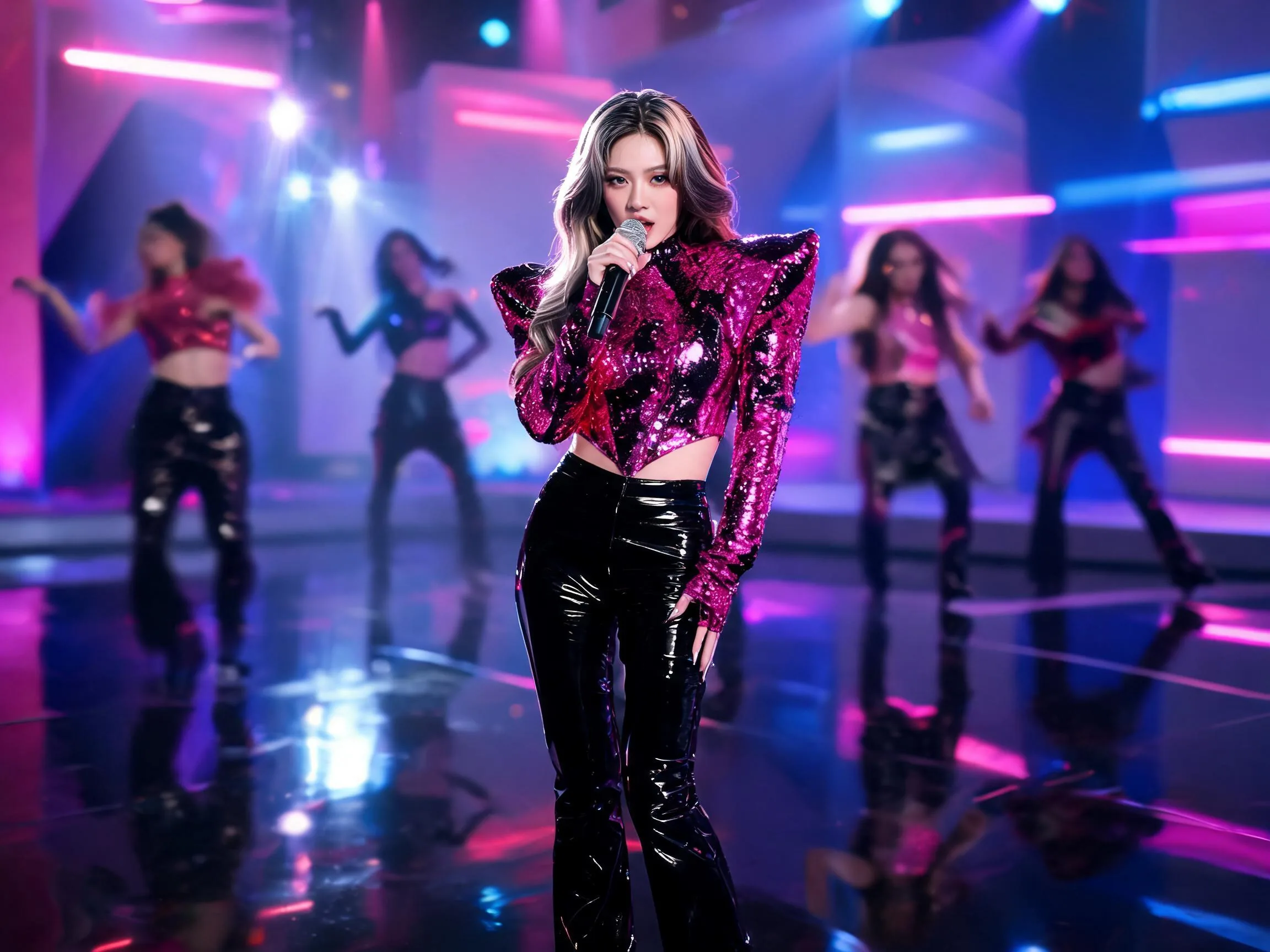 K-pop performers on a bright concert stage.