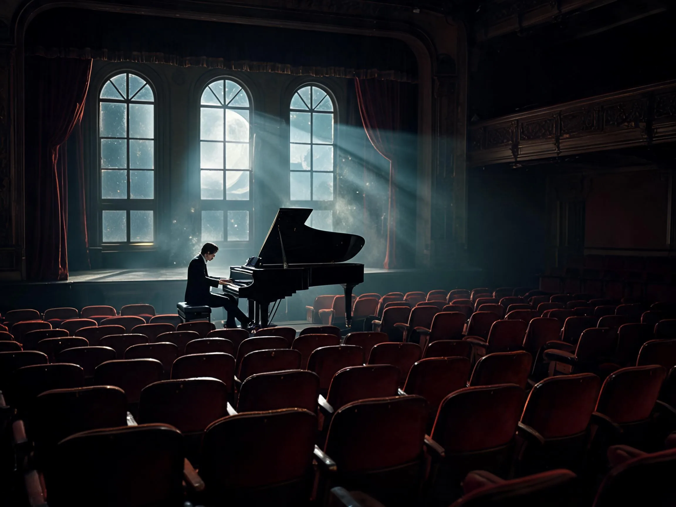 Solo pianist performing in an empty theater.