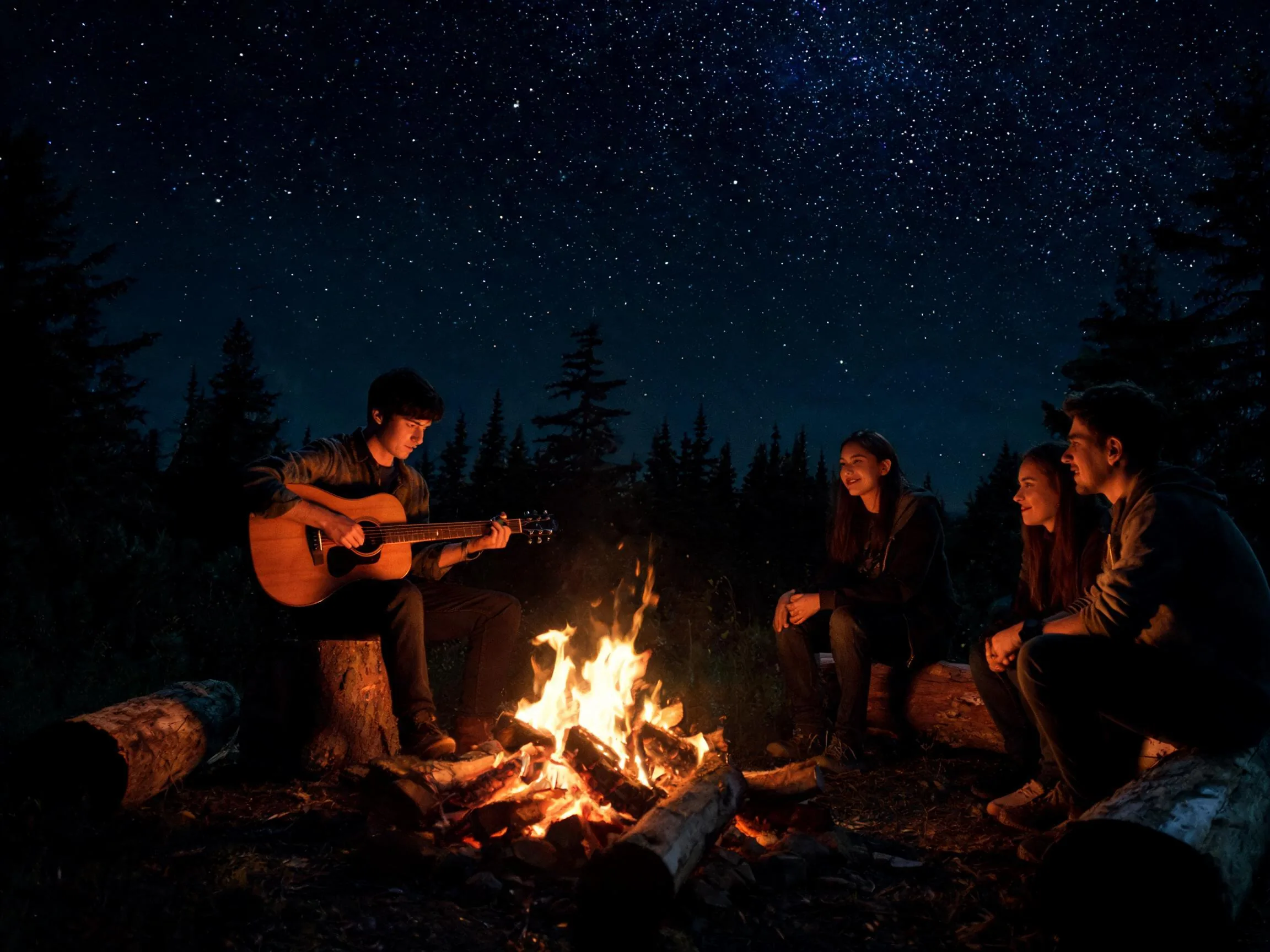 Acoustic guitar player beside a campfire at night.