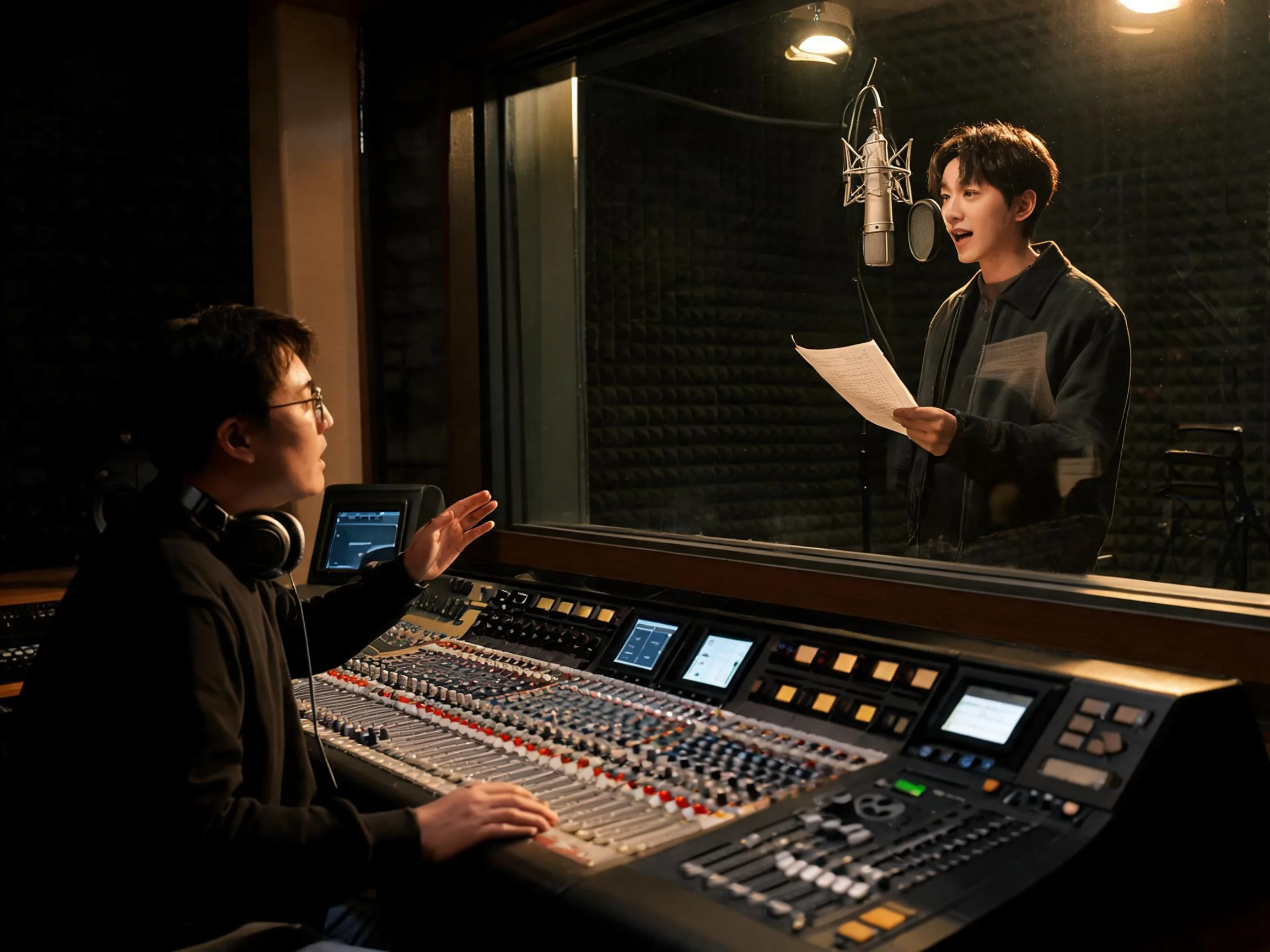Voice actor reading a script during a recording session.