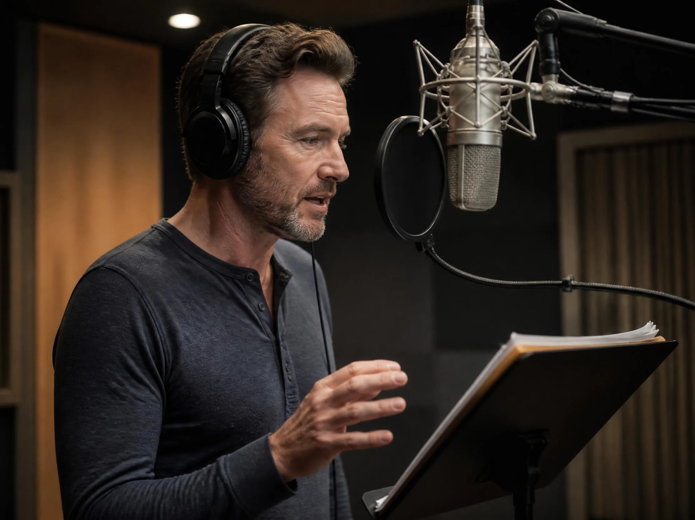 Male voiceover artist recording in a studio booth.