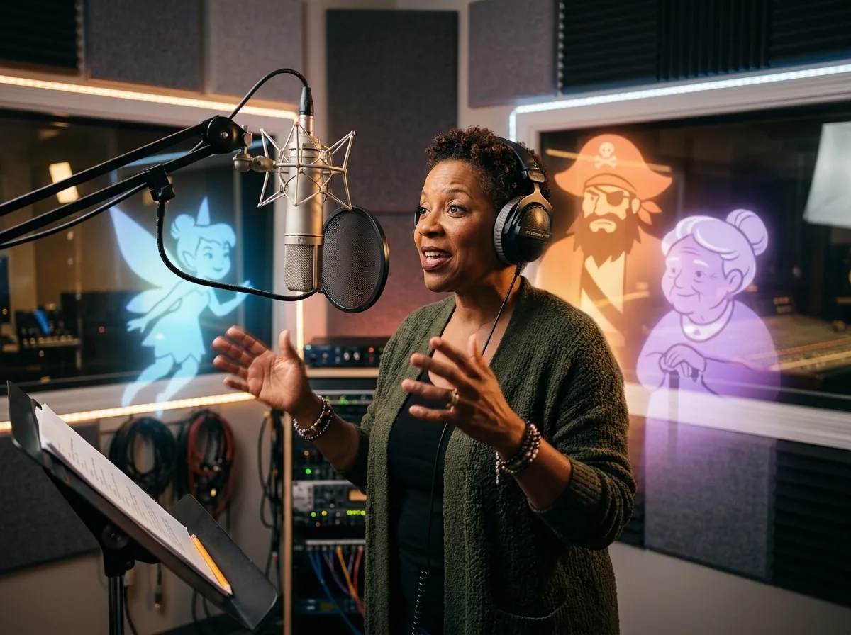 Voice actor recording animated character dialogue.