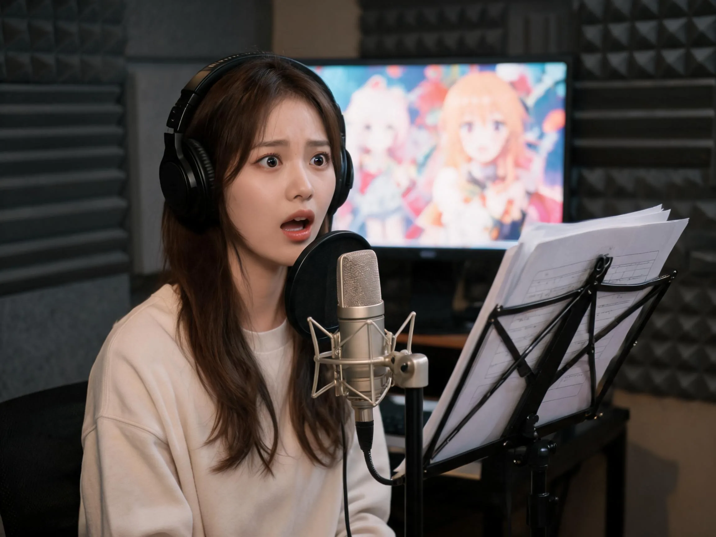 Anime dubbing session inside a recording booth.