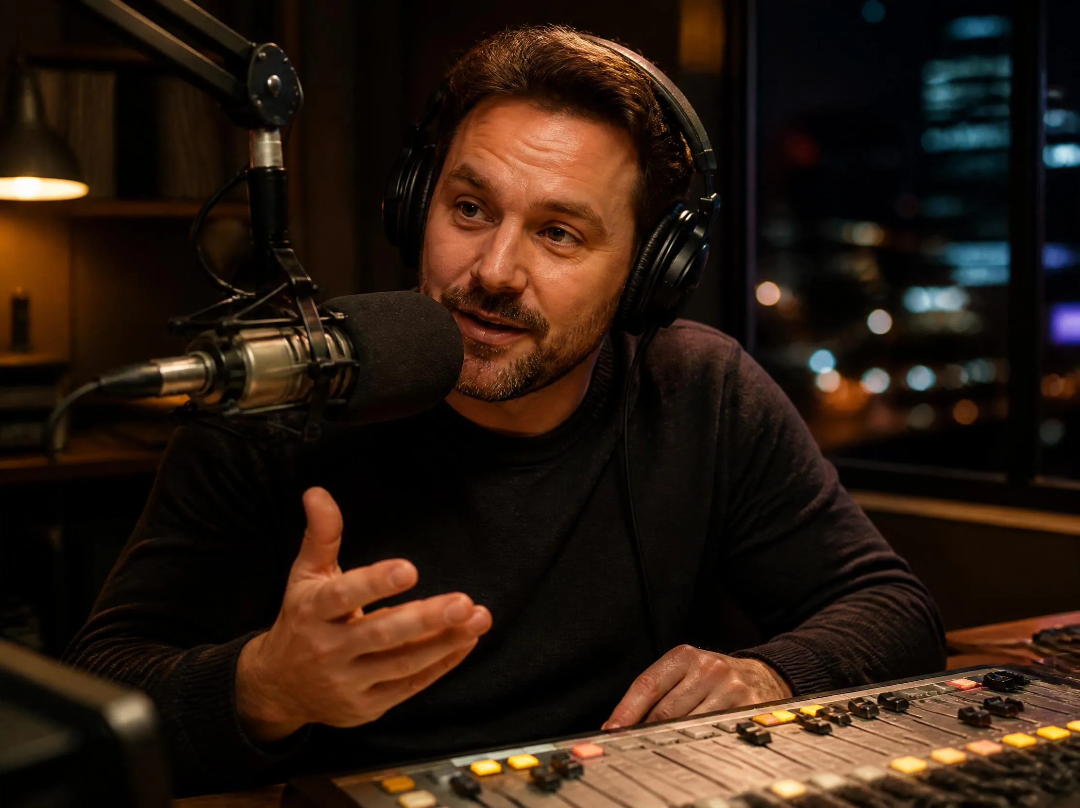 Podcast host speaking into a microphone in a recording studio.