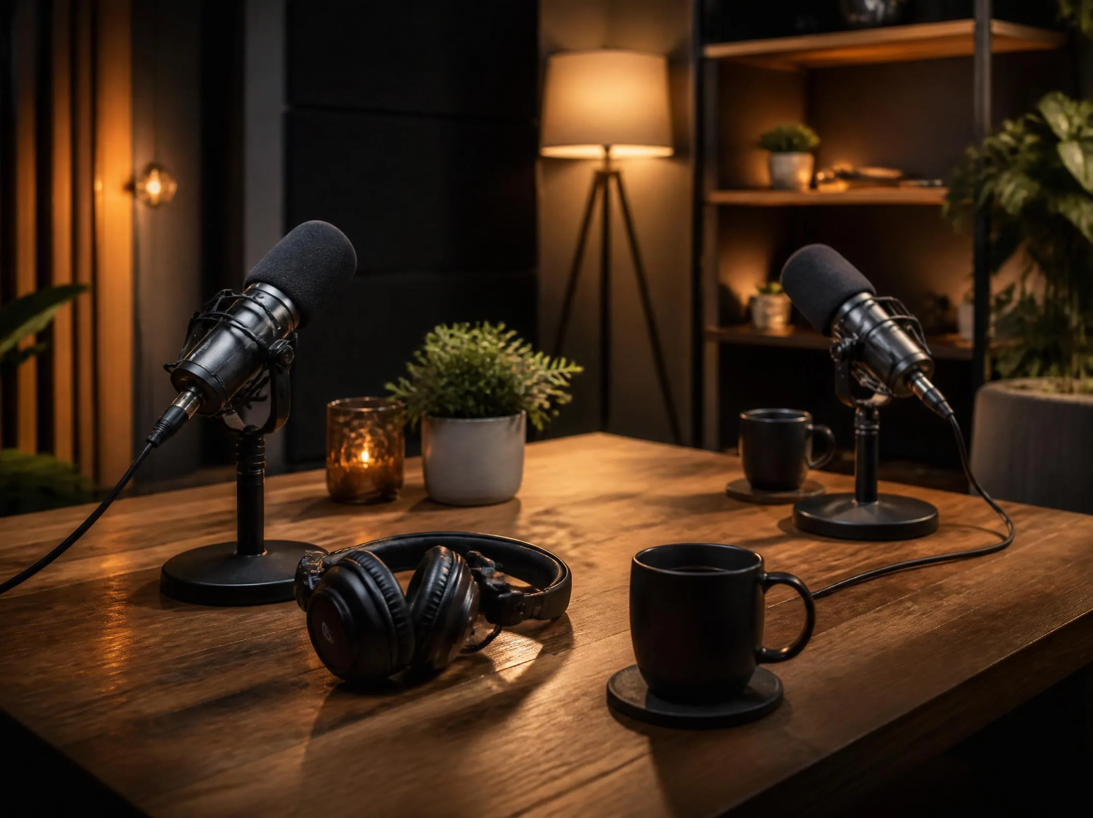 Podcast microphones arranged on a studio table.