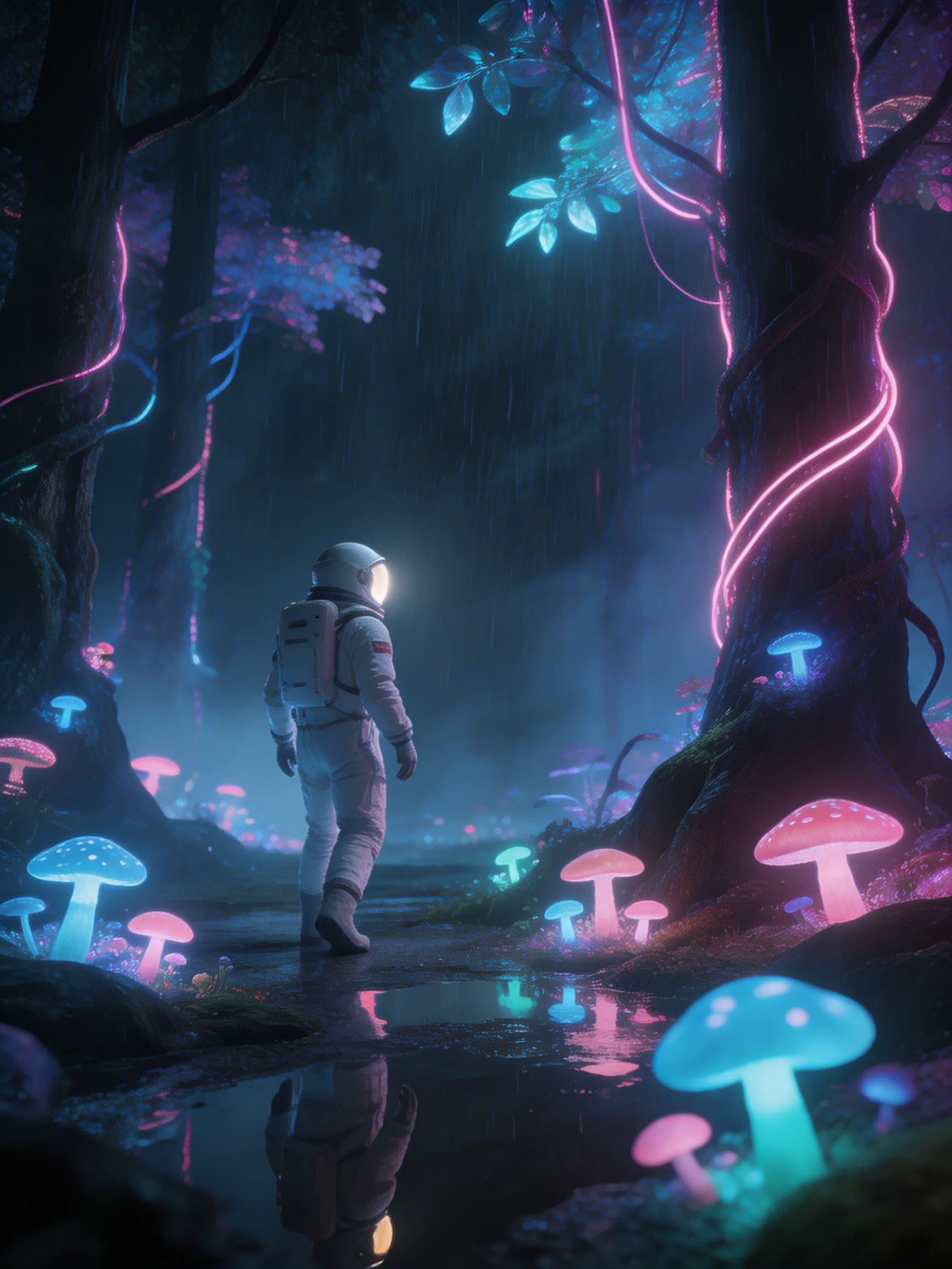 A lone astronaut wandering in a neon luminous cyberpunk forest, glowing mushrooms, rainy cinematic atmosphere, 8k resolution, ray tracing.