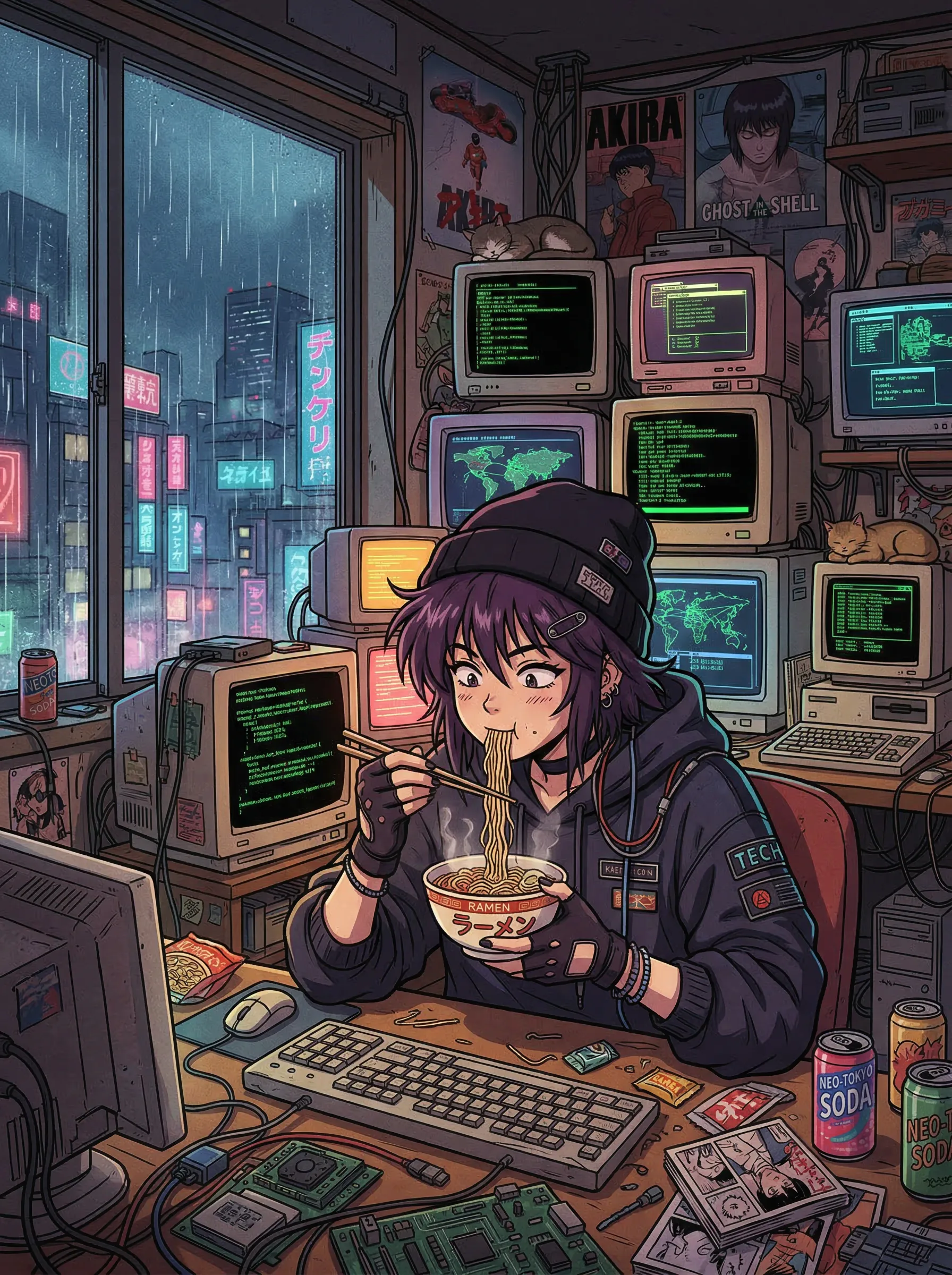 90s anime style illustration of a cyberpunk hacker girl eating instant noodles in a messy room filled with CRT monitors, rain outside the window, nostalgic mood.