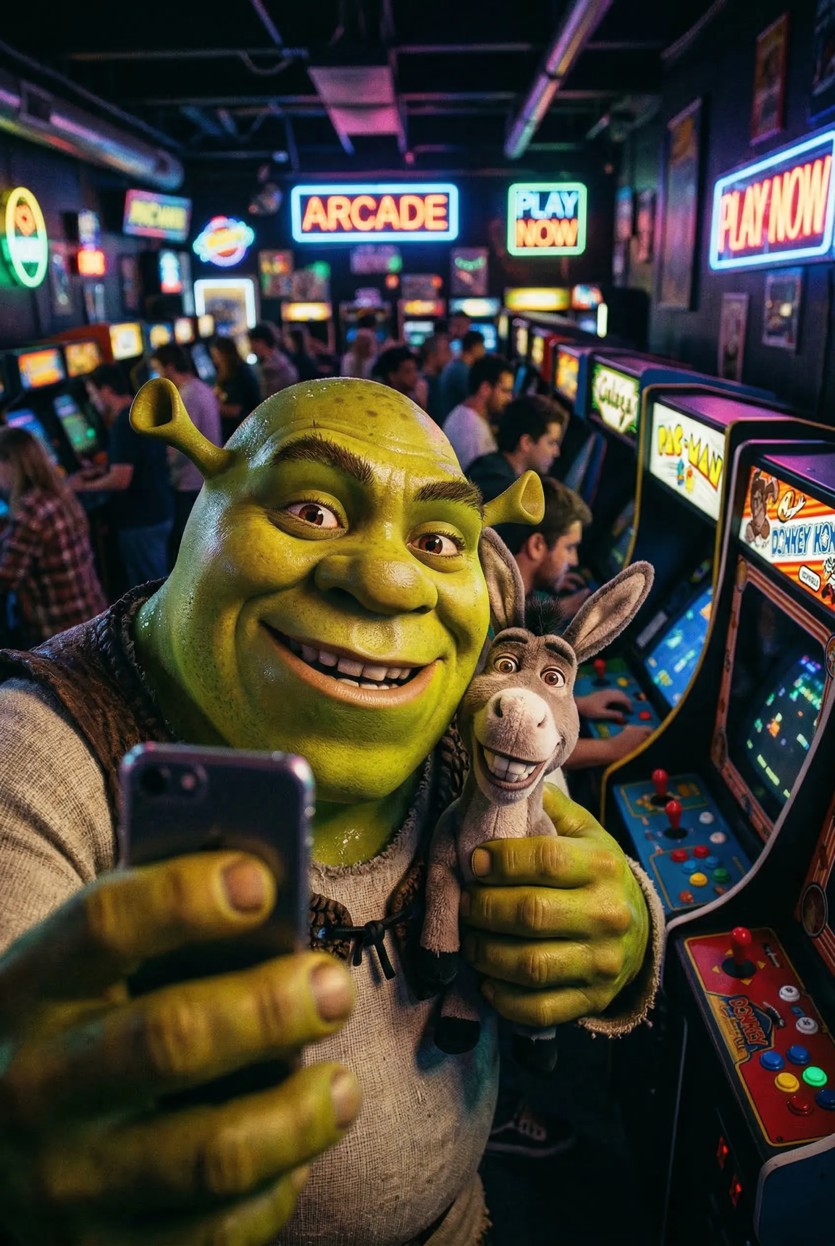 A close-up selfie of Shrek inside a vibrant neon-lit Arcade, holding a plush toy, retro arcade machines in the background, slightly blurry candid shot.