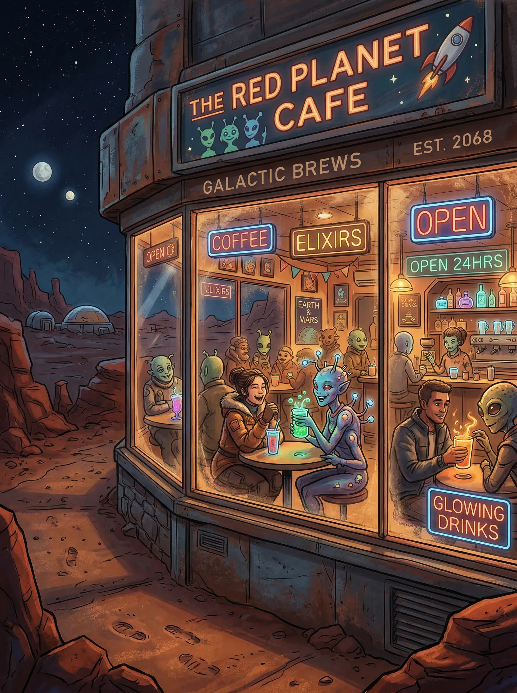 A cozy coffee shop on Mars, viewed from the outside through a glass window. Inside, aliens and humans are chatting over glowing drinks. Sci-fi illustration.
