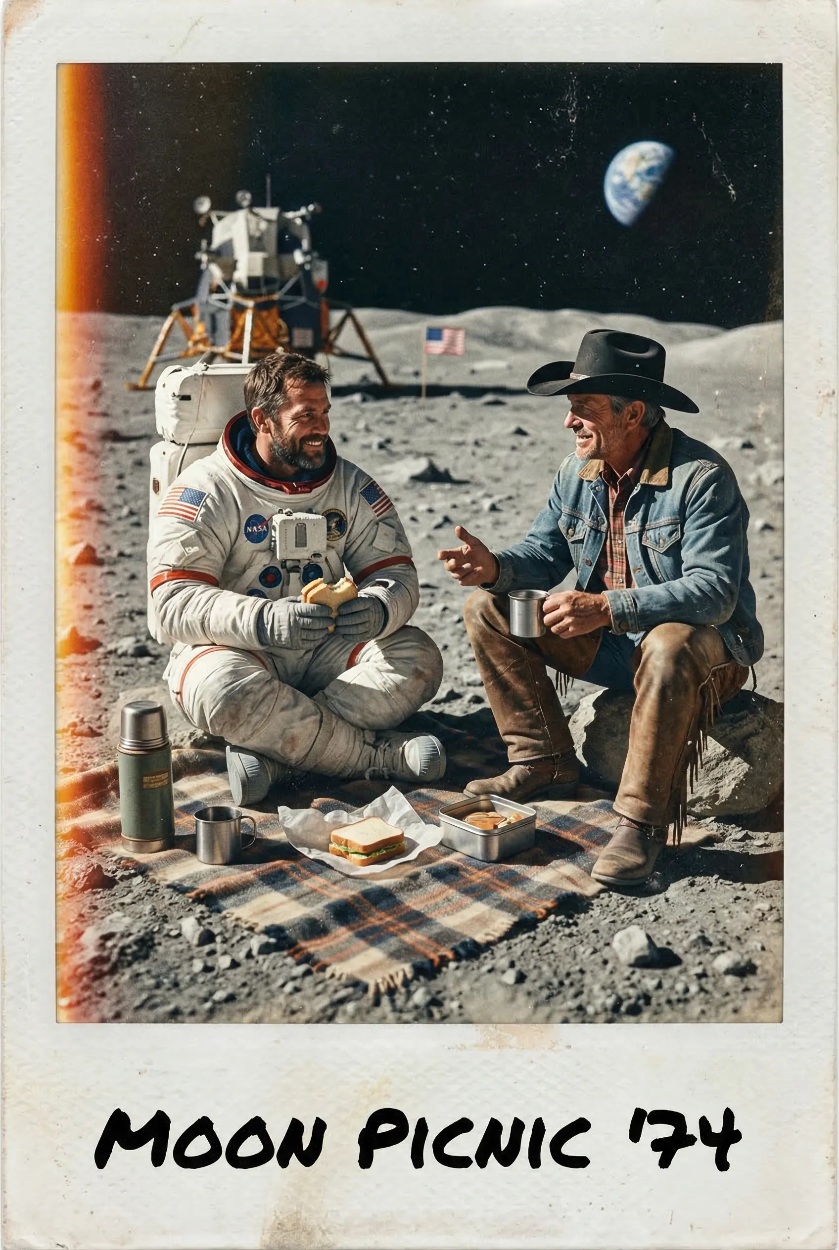 A vintage Polaroid photo of an astronaut and a cowboy having a picnic on the moon, low fidelity, film grain, light leaks.