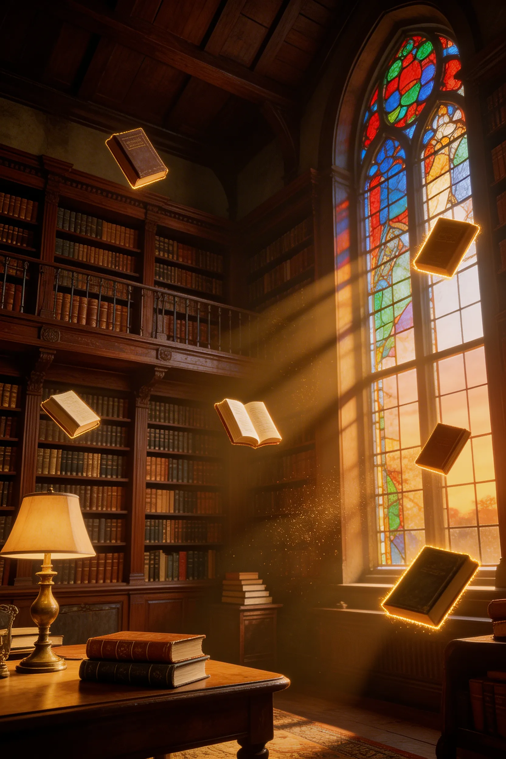 A dark academia aesthetic library with floating glowing books, dust motes in the air, cinematic golden hour lighting through stained glass windows.