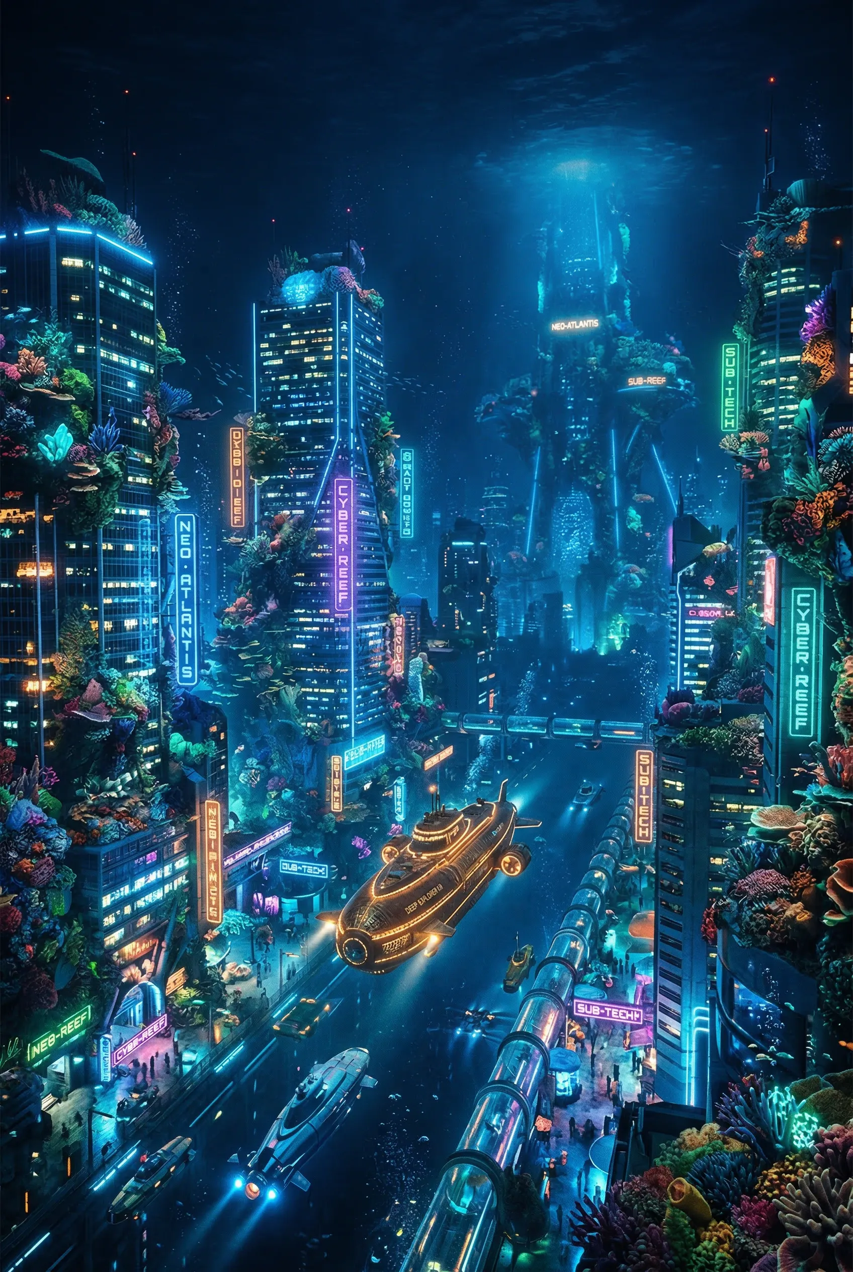 A cyberpunk cityscape under water. Submarines navigating between neon-lit skyscrapers covered in coral reefs, majestic lighting.