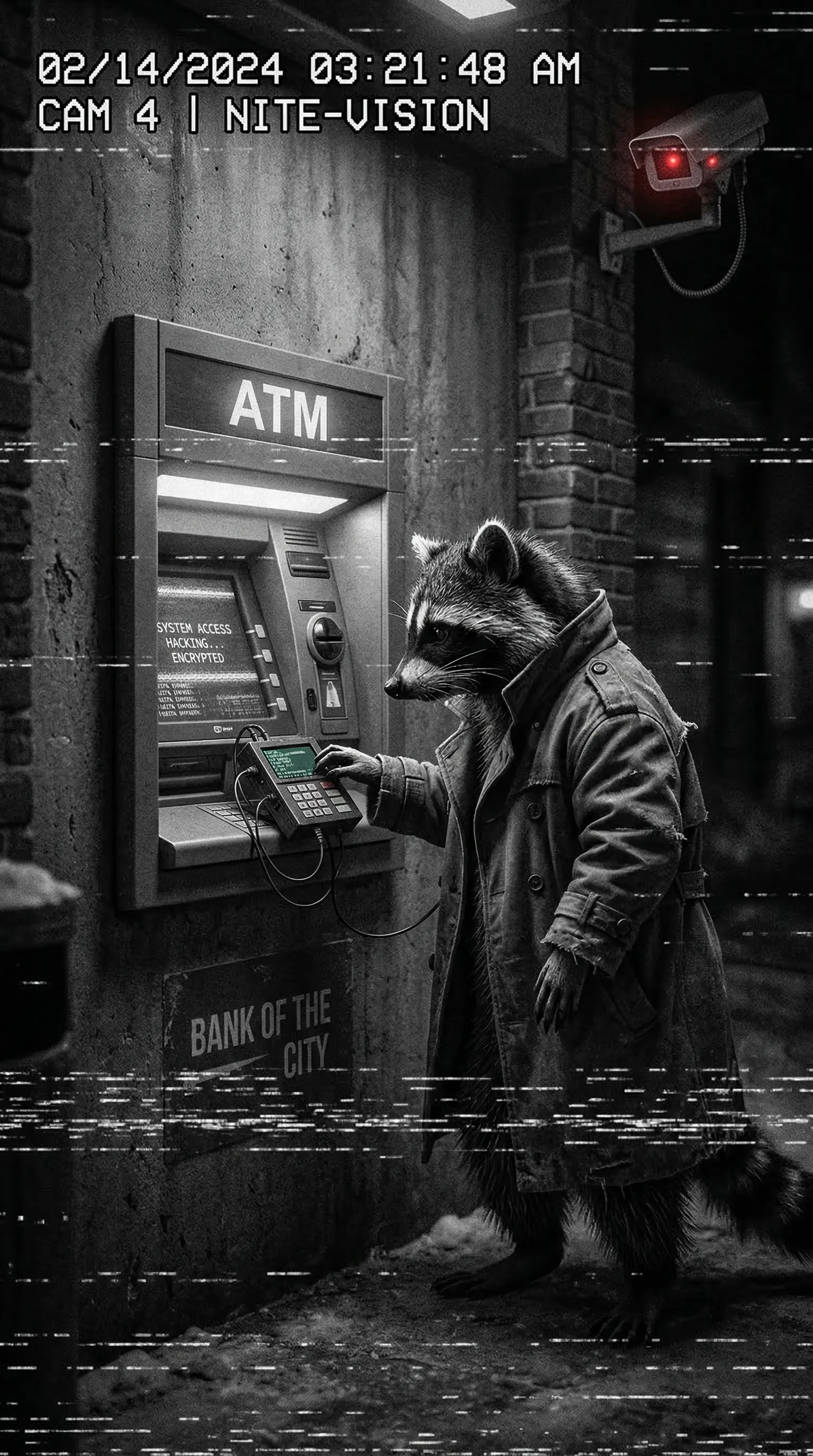 CCTV security camera footage of a raccoon in a trench coat trying to hack an ATM. Grayscale, static interference.