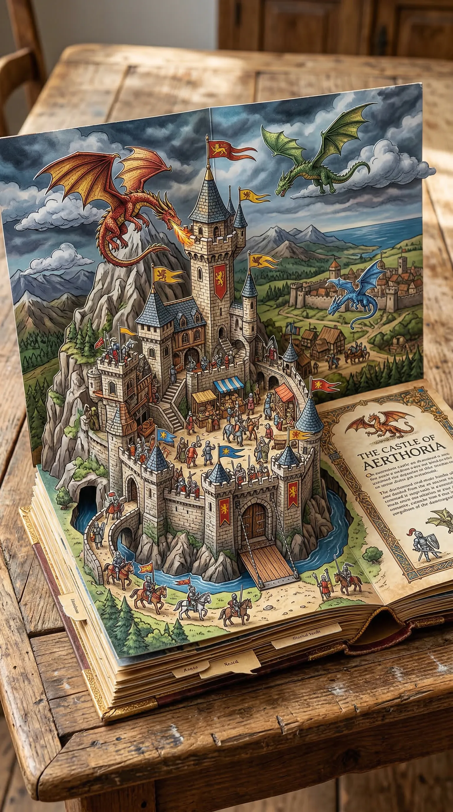 A hyper-detailed pop-up book open to a page showing a bustling medieval fantasy castle with dragons flying above.