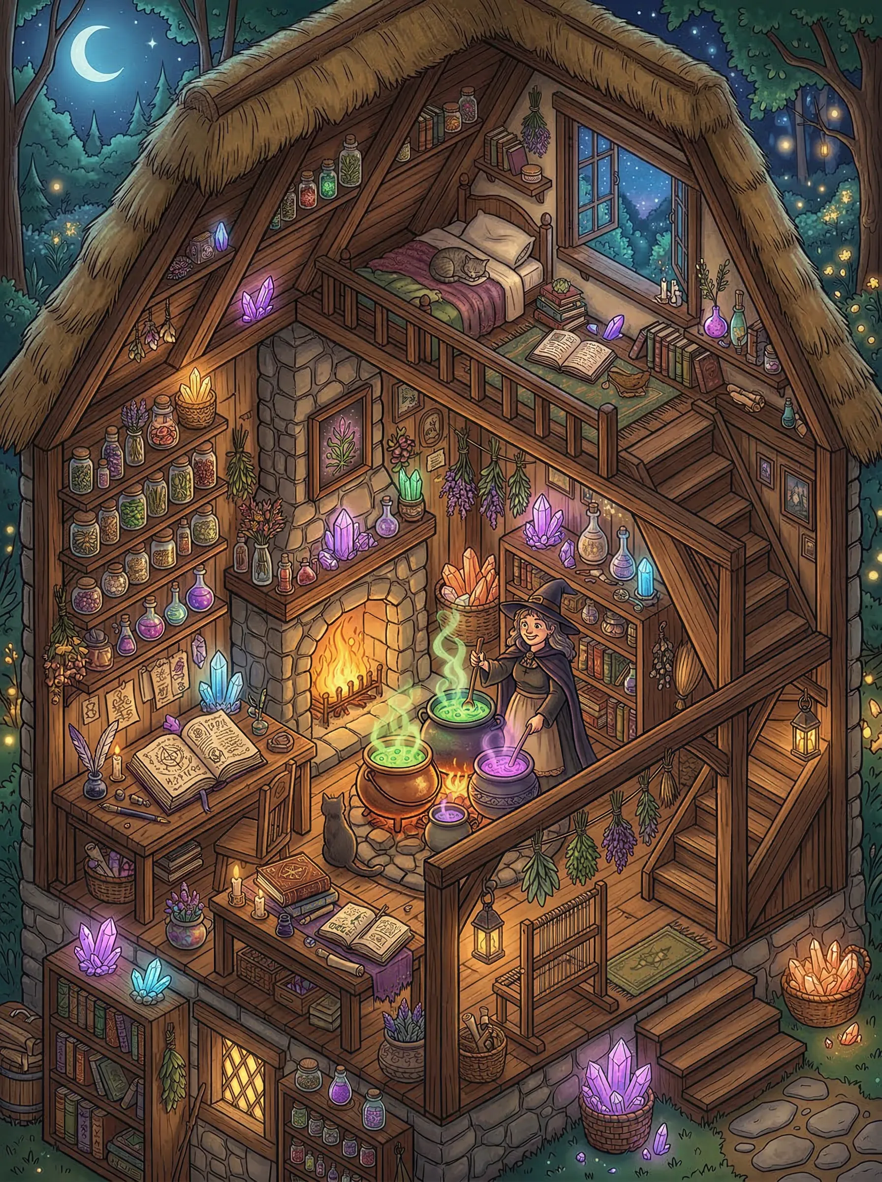 A cozy isometric view of a witch's cottage, pots bubbling, spell books open, glowing crystals, highly detailed digital art.