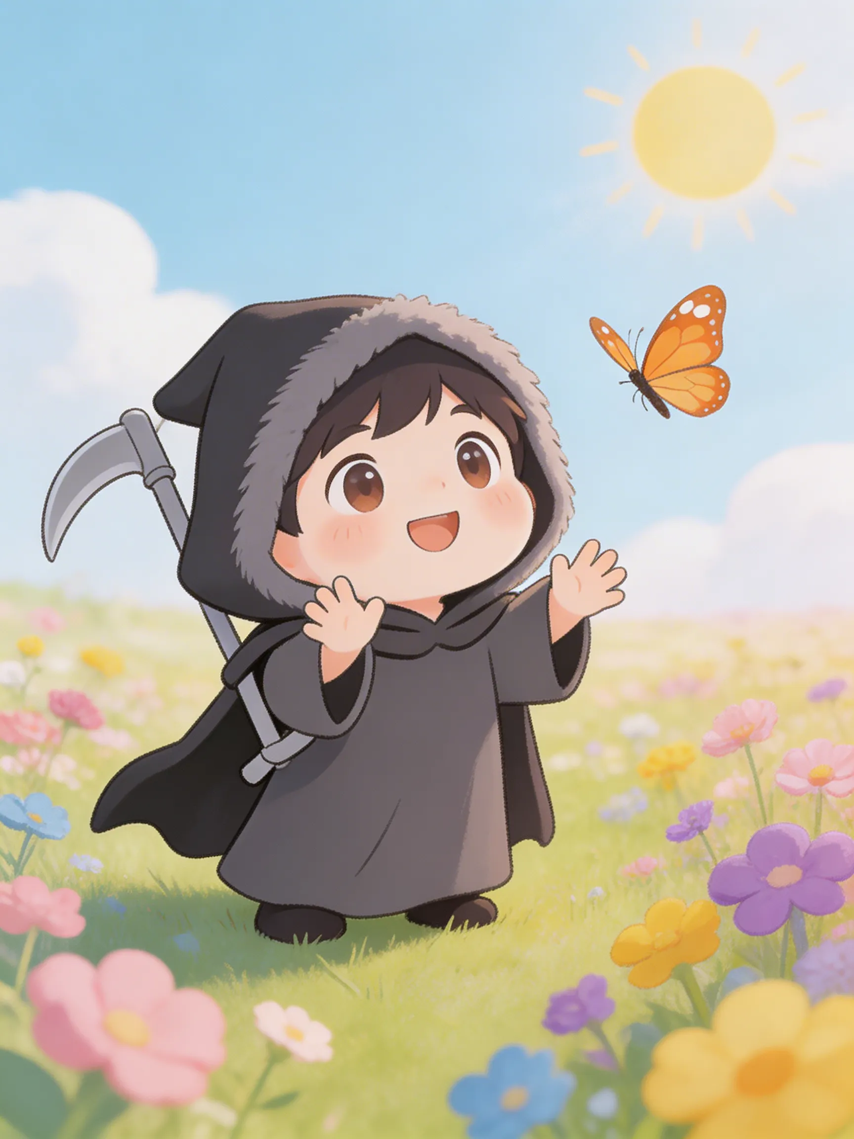 A cute chibi style grim reaper trying to catch a butterfly in a sunny flower field, bright pastel colors.