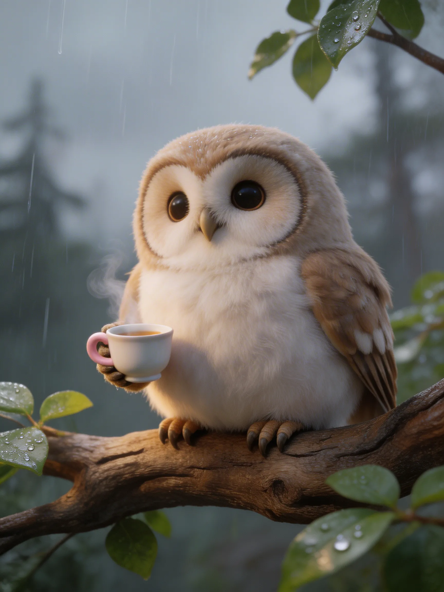 A cute, fat, round owl sitting on a branch holding a tiny cup of tea, rainy outside, cozy mood.