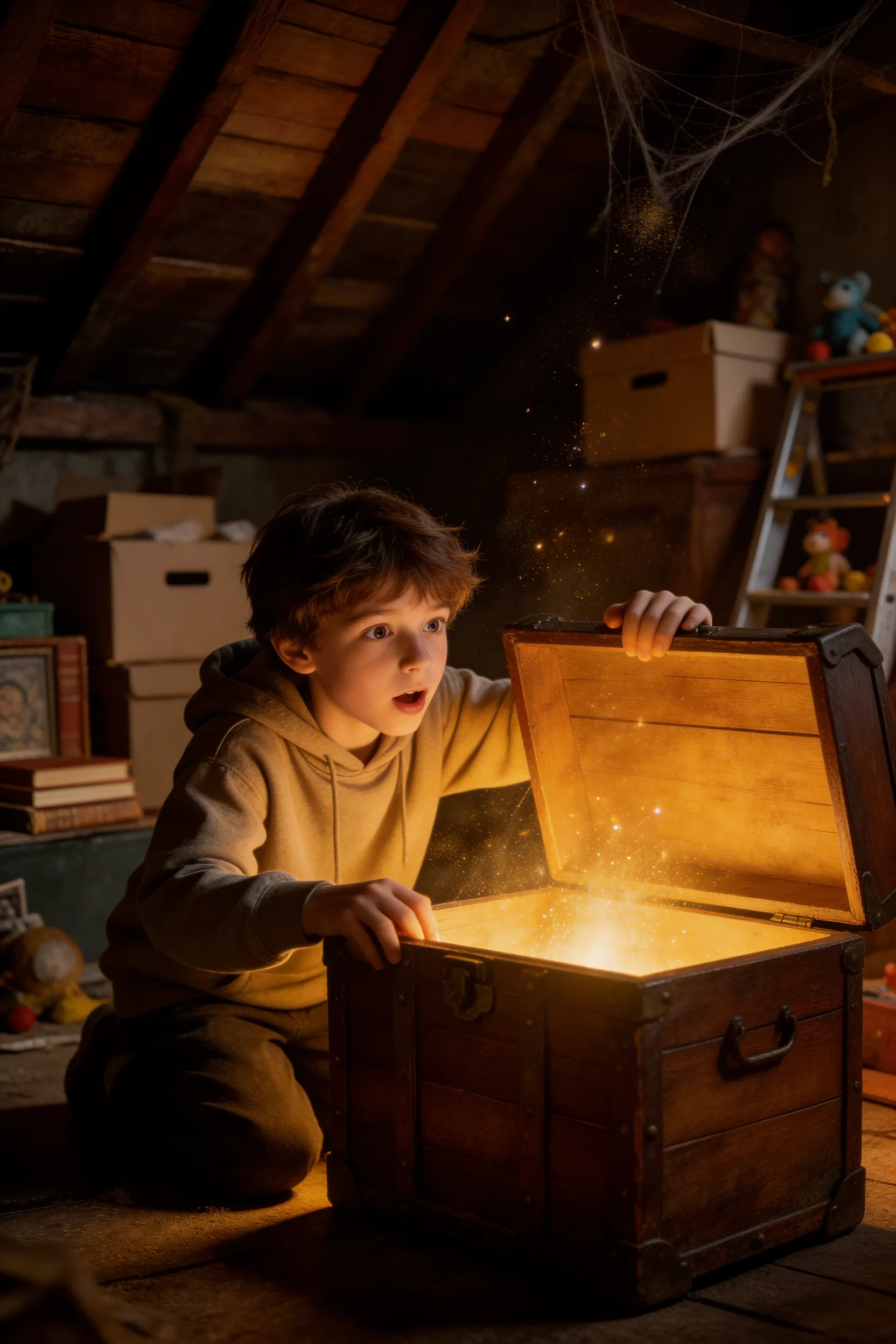 A cinematic shot of a young boy opening a glowing treasure chest in his attic, magical light illuminating his face.