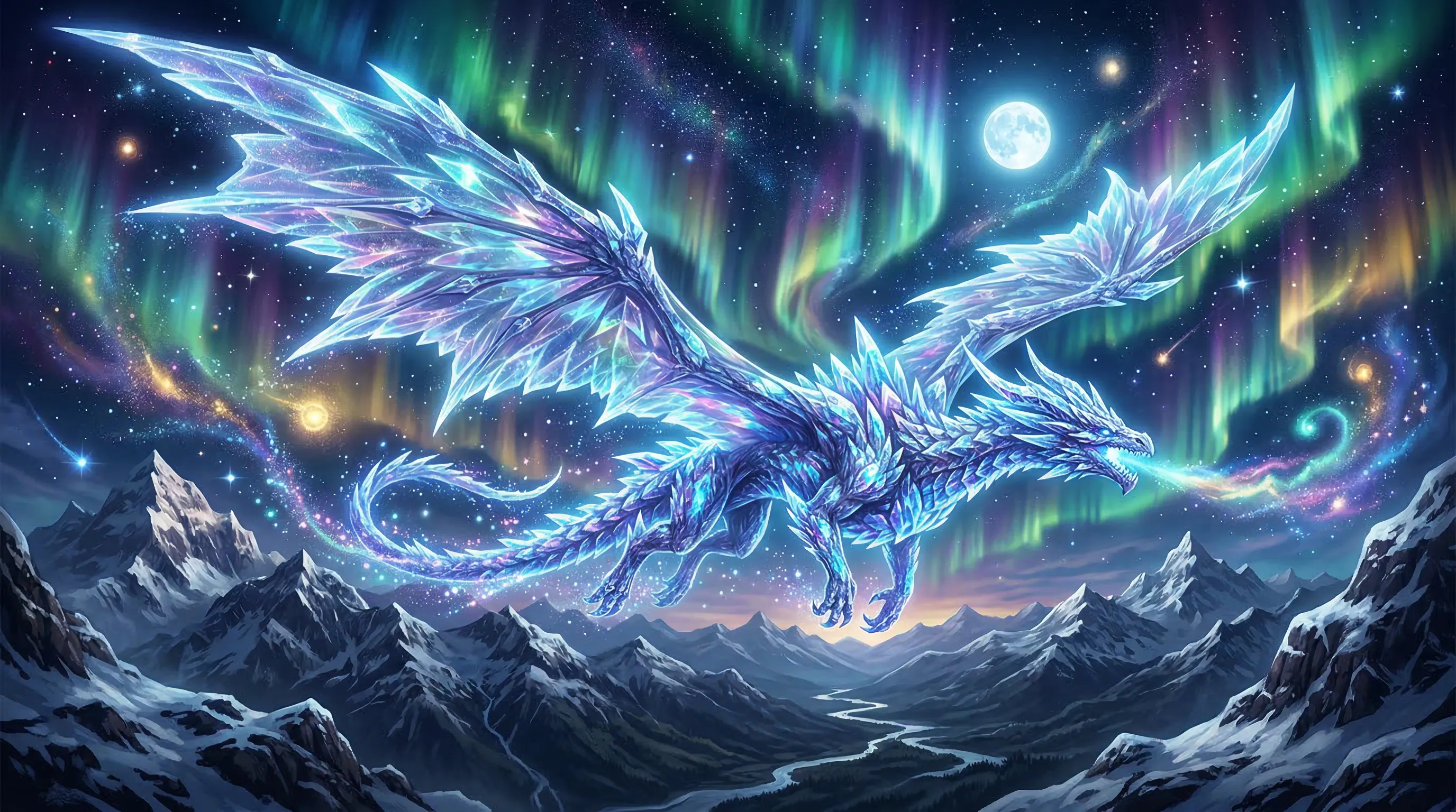 A majestic crystal dragon soaring through a sky filled with auroras, highly detailed fantasy concept art.