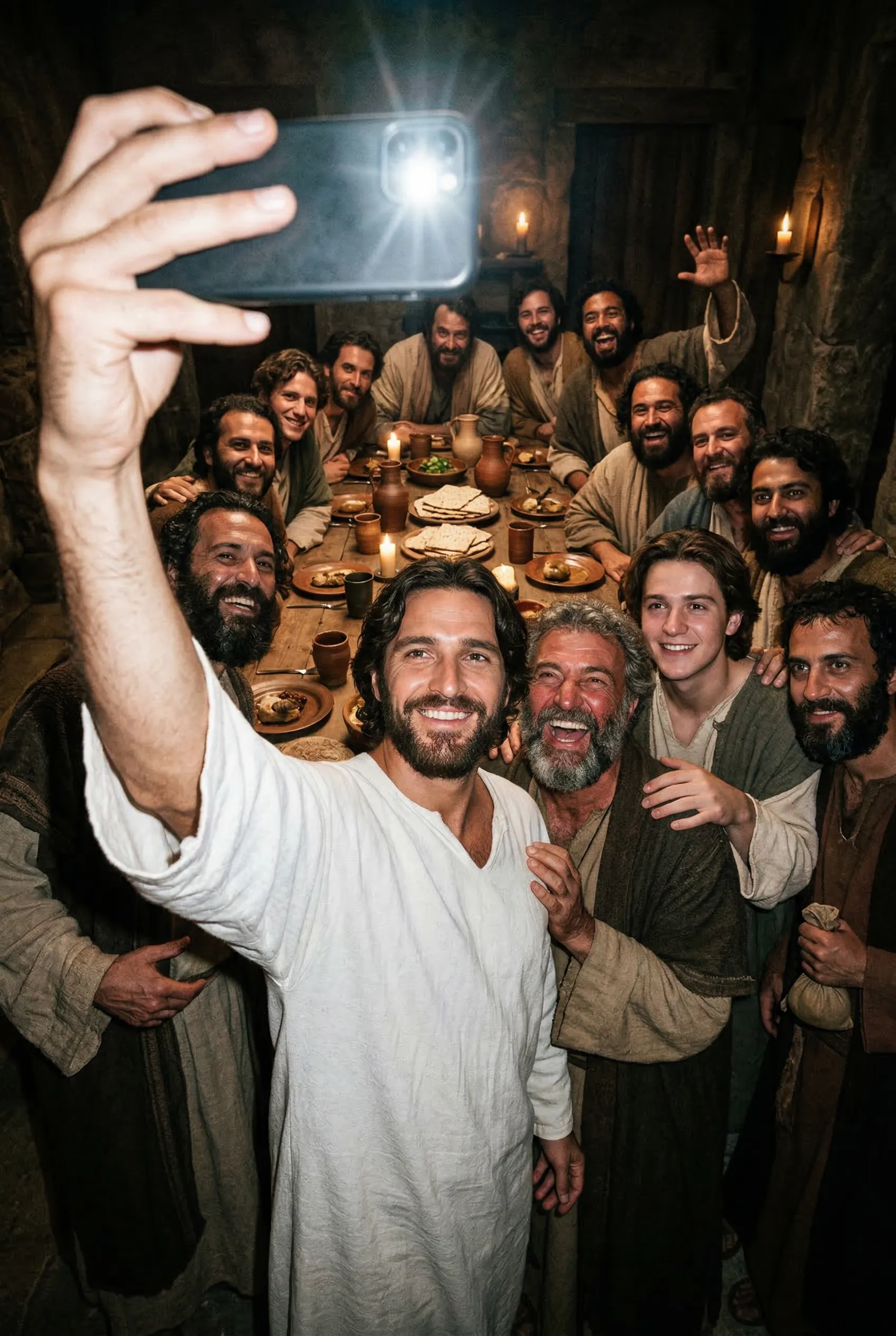 A hyperrealistic selfie of Jesus taking a picture with his disciples during the Last Supper, flash lighting, casual.