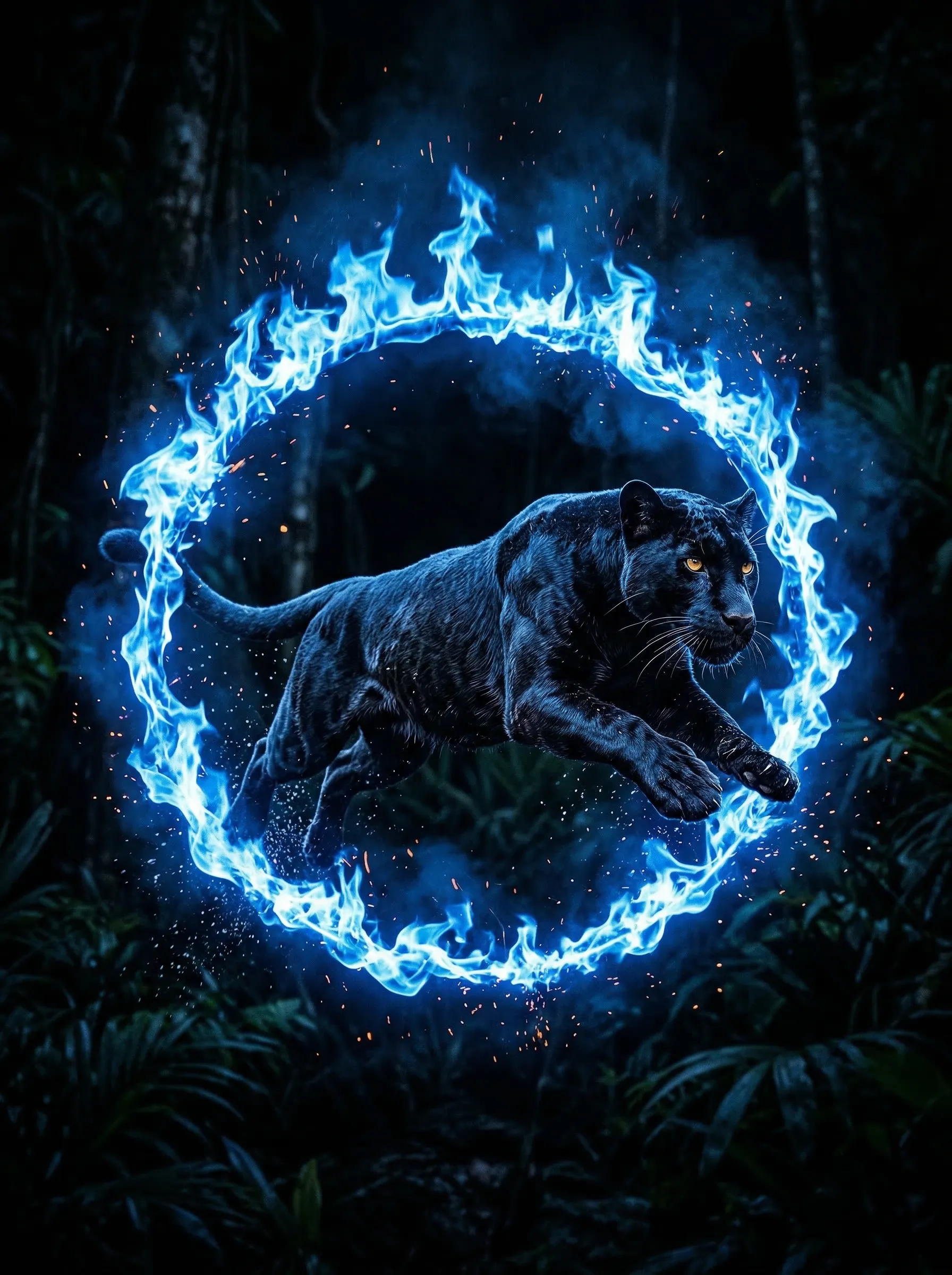 A dynamic action shot of a sleek black panther leaping through a ring of blue fire, hyperrealistic, dark background.