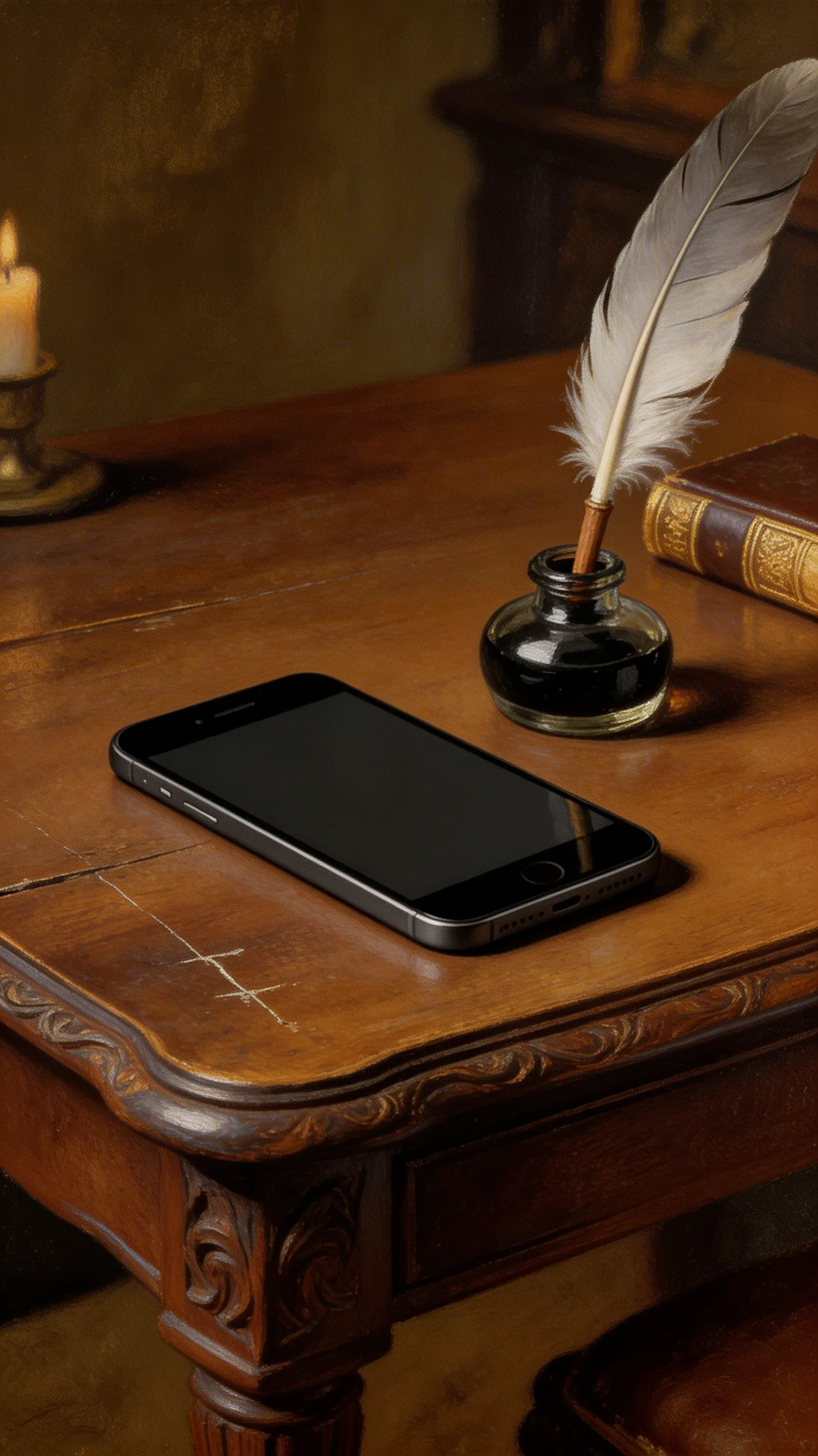 A realistic oil painting of a modern smartphone resting on a 17th-century wooden desk next to a quill.