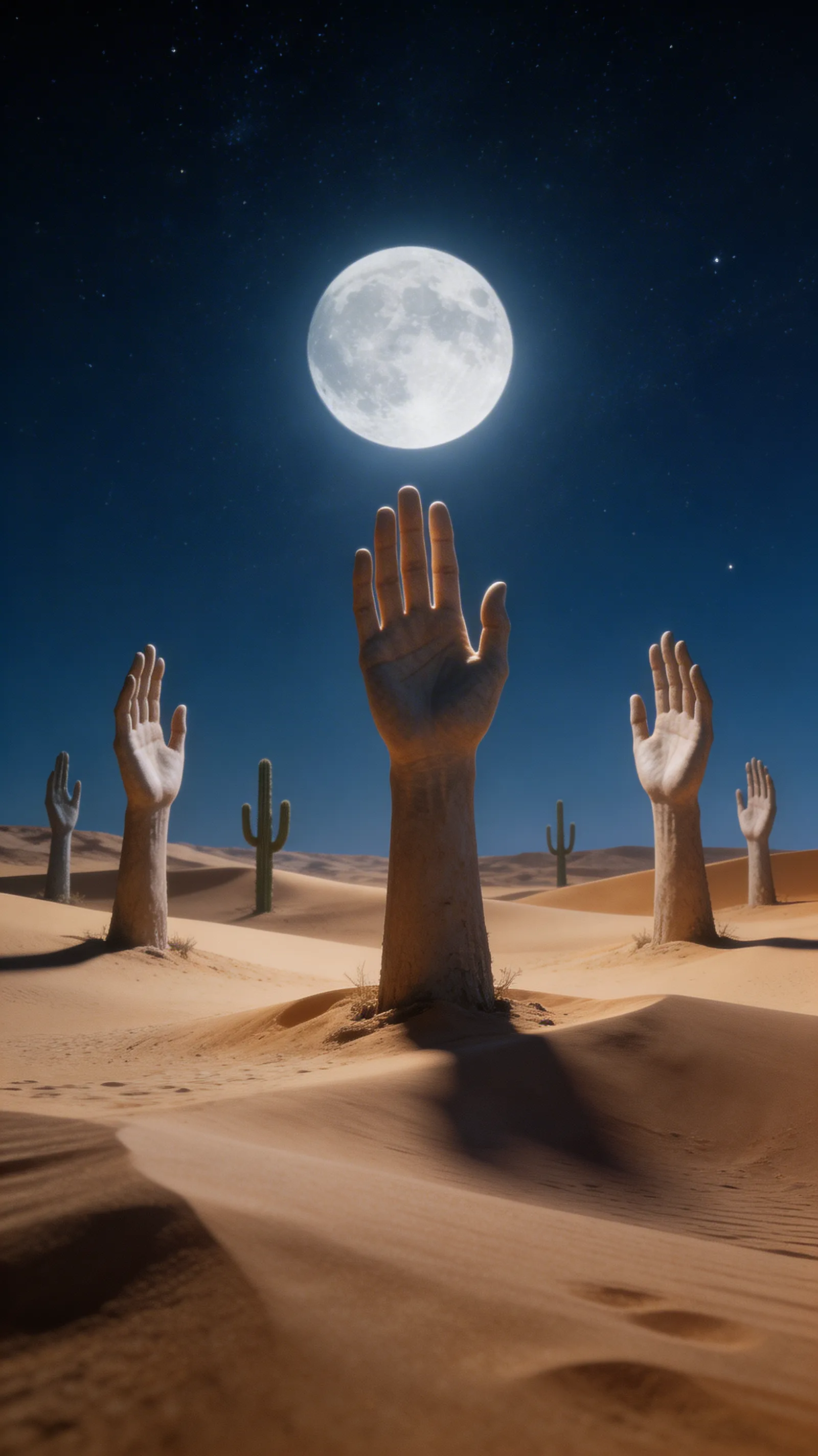 A surreal desert scene where cacti are replaced by giant hands reaching toward the moon.