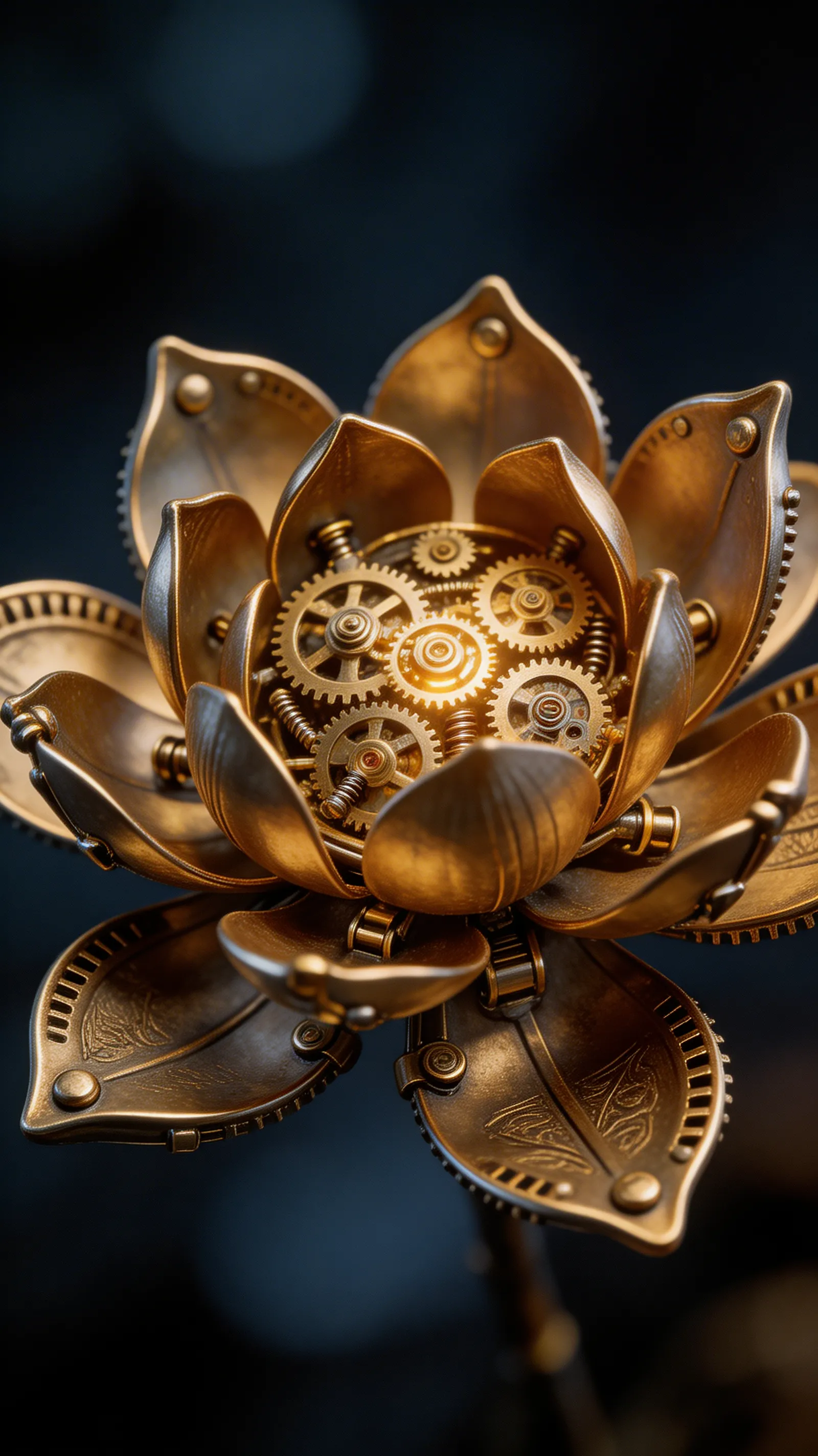 A beautifully intricate mechanical lotus flower blooming, revealing gears and clockwork inside.