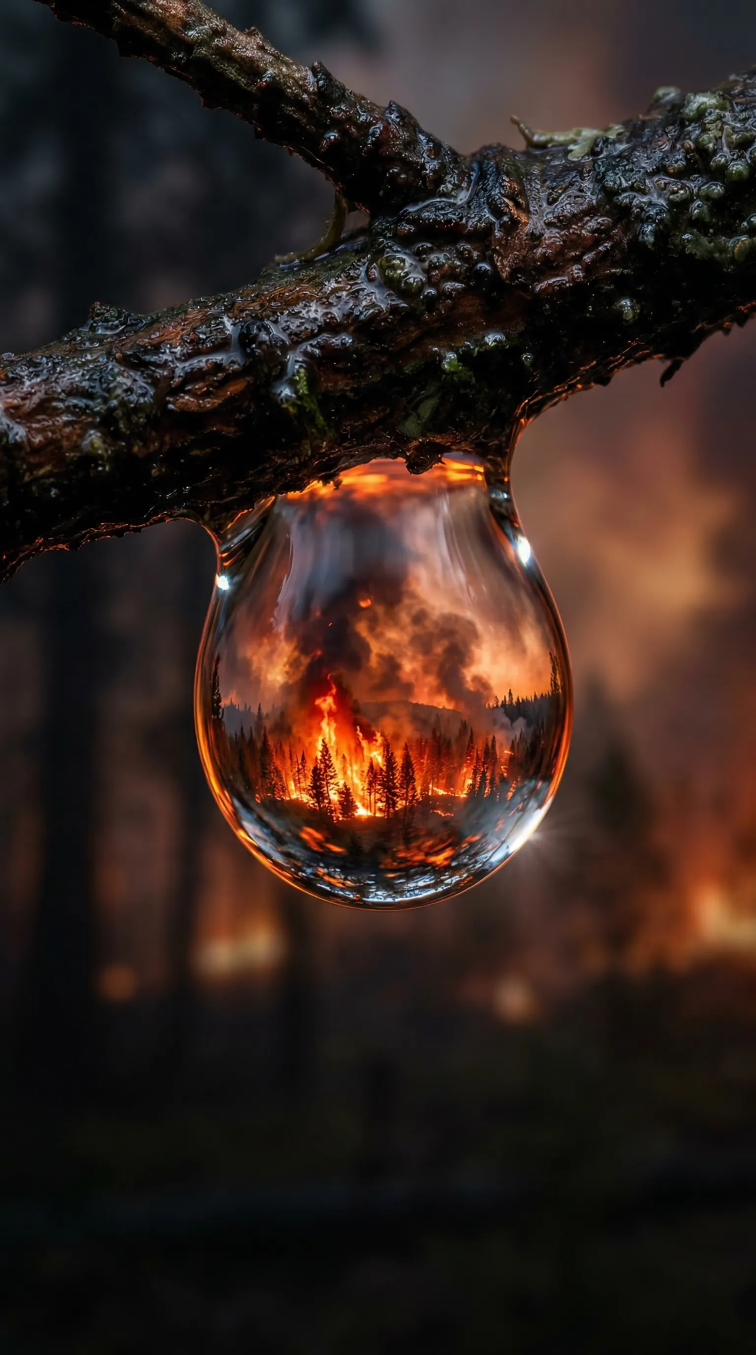A hyperrealistic macro shot of a single drop of water reflecting a burning forest.