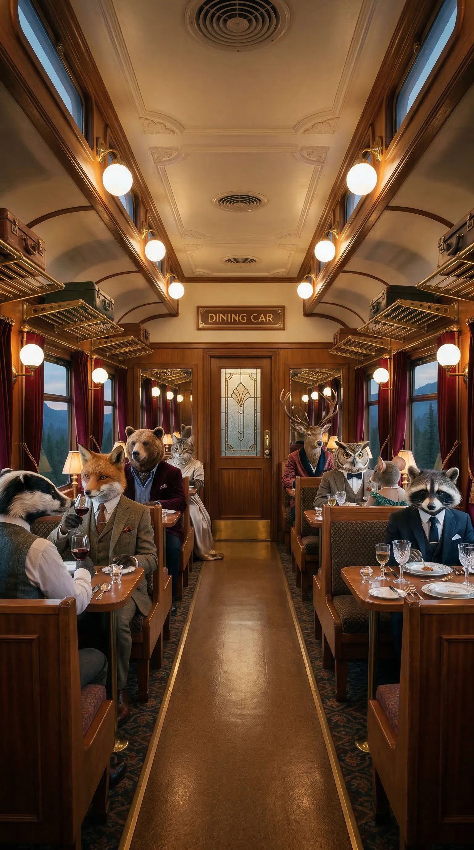 A Wes Anderson style symmetrical wide shot of an elegant train dining car, populated by sharply dressed animals.