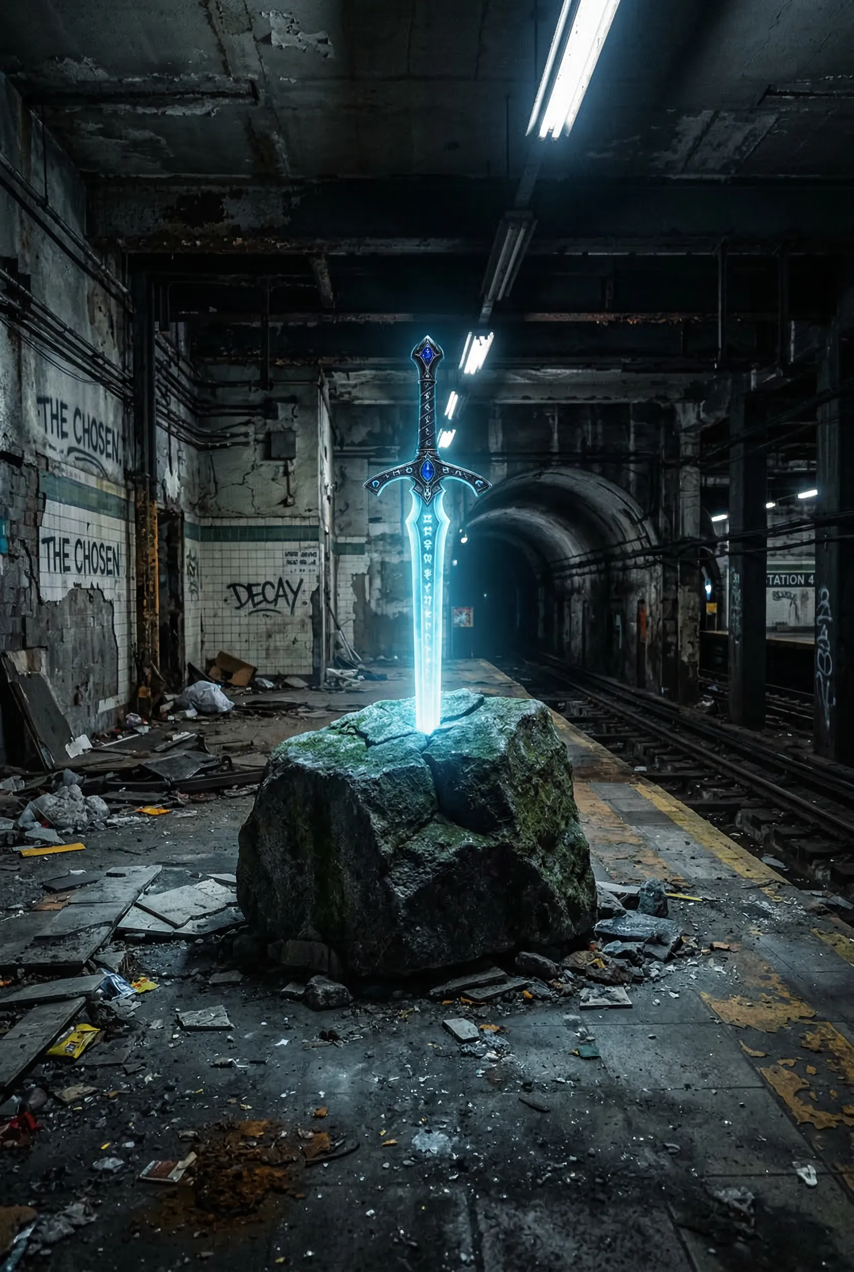 A mystical glowing sword stuck in a stone inside a modern abandoned subway station.