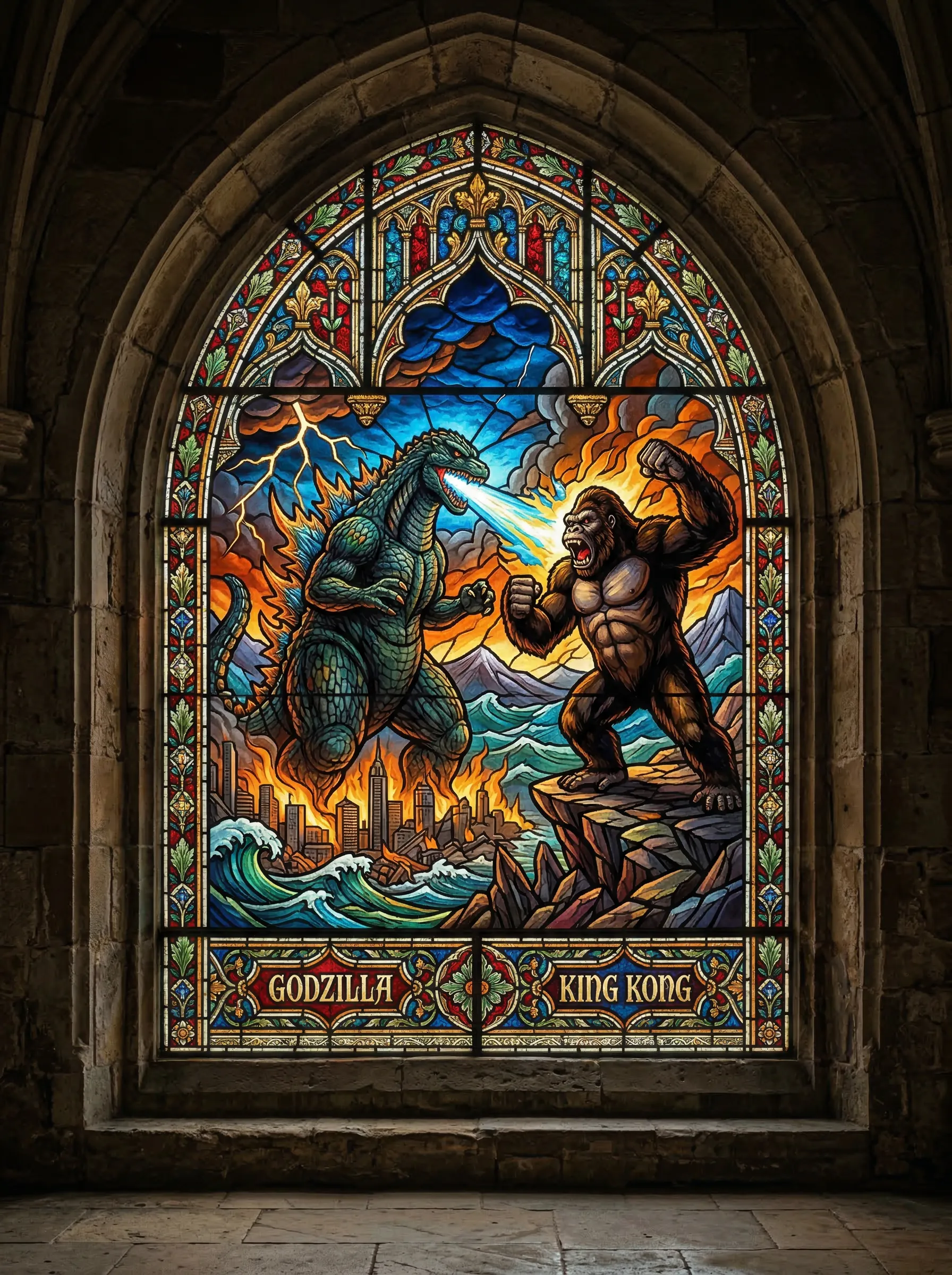 A gorgeous stained glass window depicting the battle between Godzilla and King Kong.