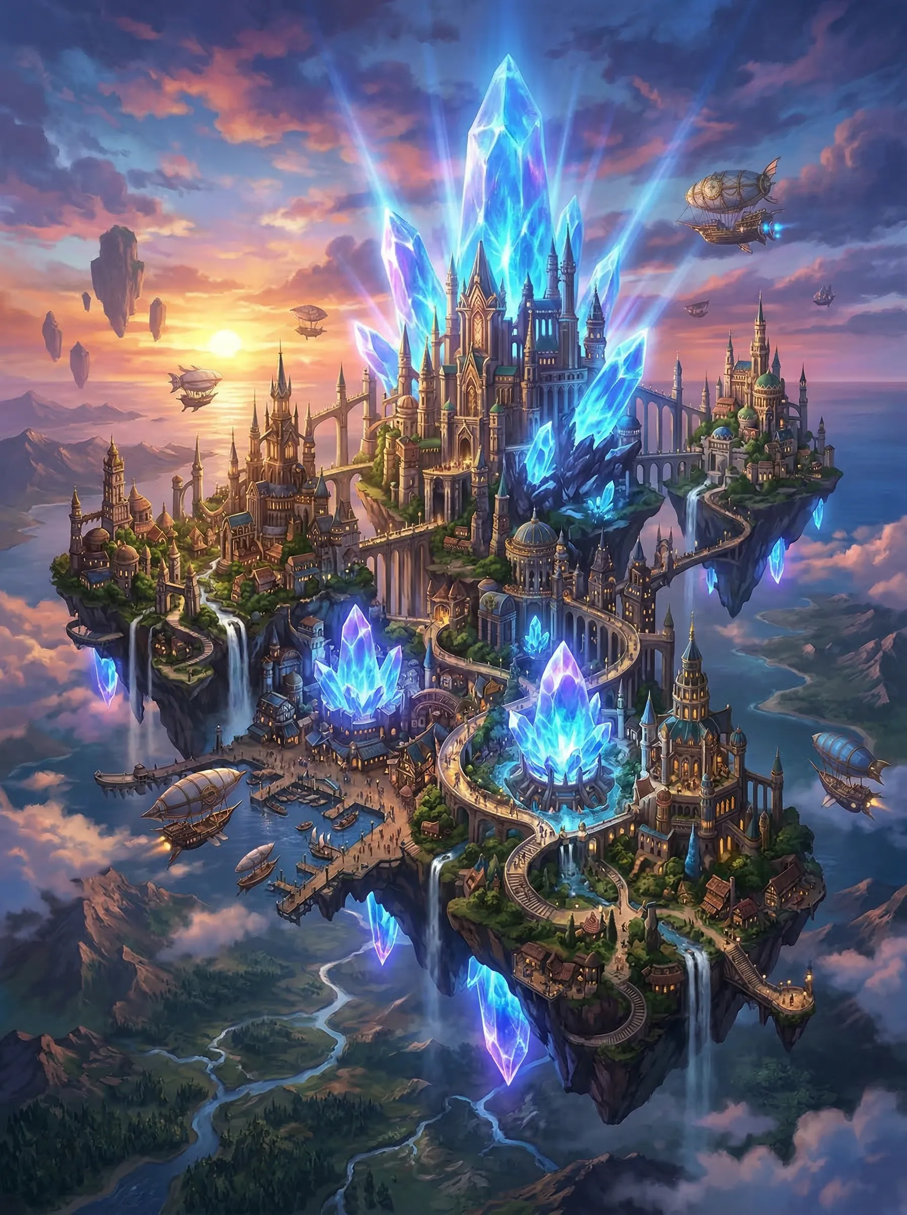 A grand floating island city powered by giant glowing crystals, highly detailed fantasy concept art.