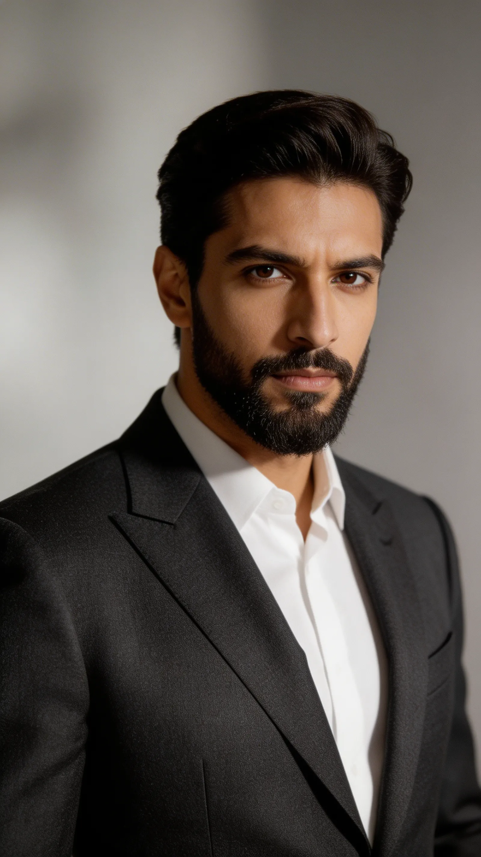 High-end editorial fashion photography of an attractive Middle Eastern man with a well-groomed beard and piercing eyes, wearing a tailored luxury suit.