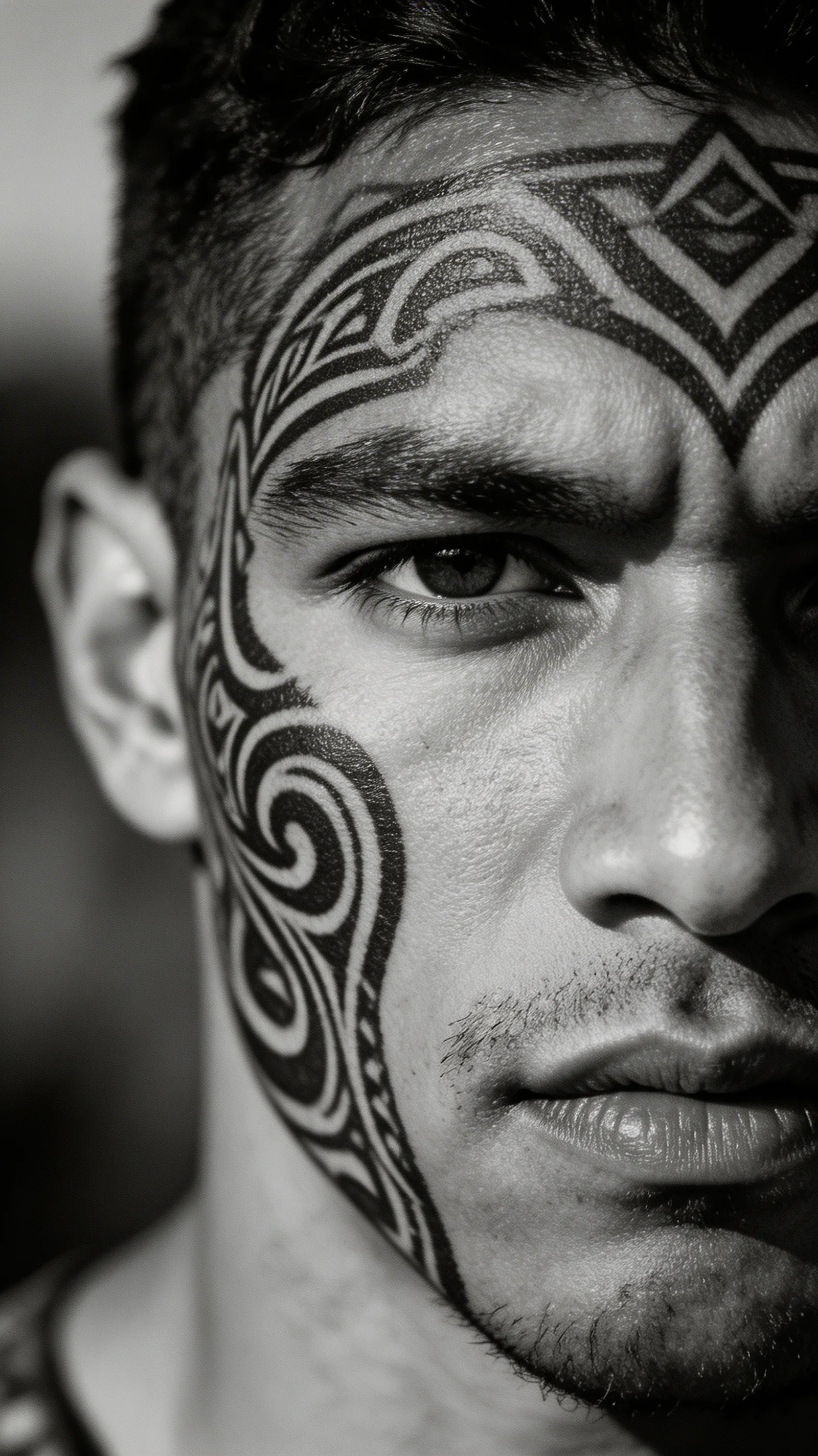A striking black and white portrait photo of a handsome Polynesian man with traditional facial tattoos, showing a strong jawline and intense gaze.