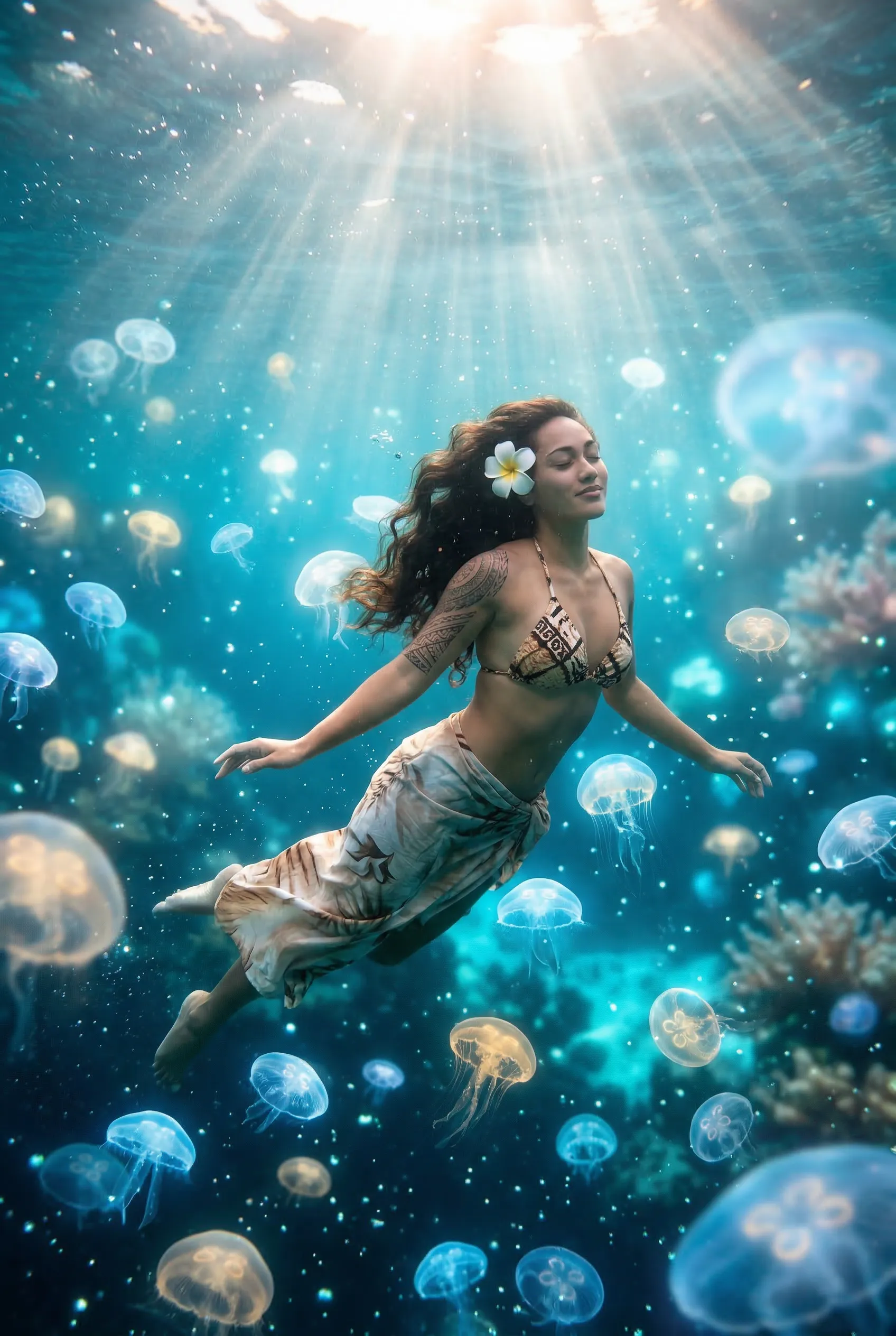 An ethereal dreamscape featuring a beautiful Polynesian woman floating underwater, surrounded by glowing jellyfish and soft light rays.