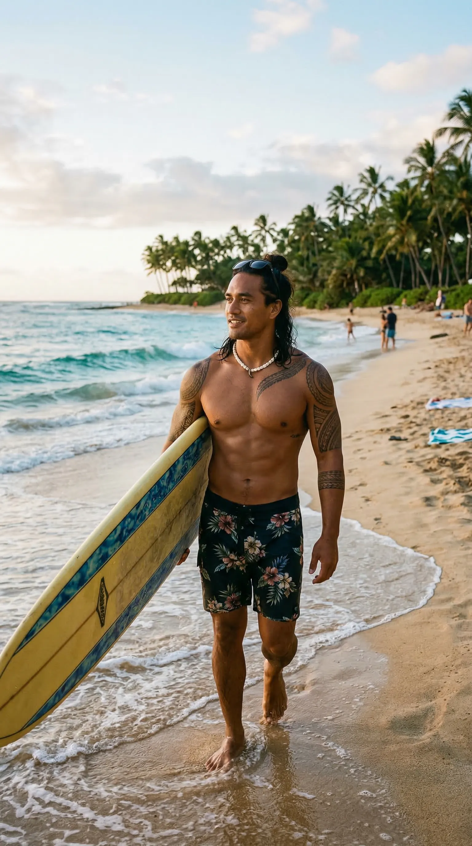 A candid lifestyle shot of a highly attractive Polynesian man carrying a surfboard on a tropical beach, athletic build, bright sunny day.