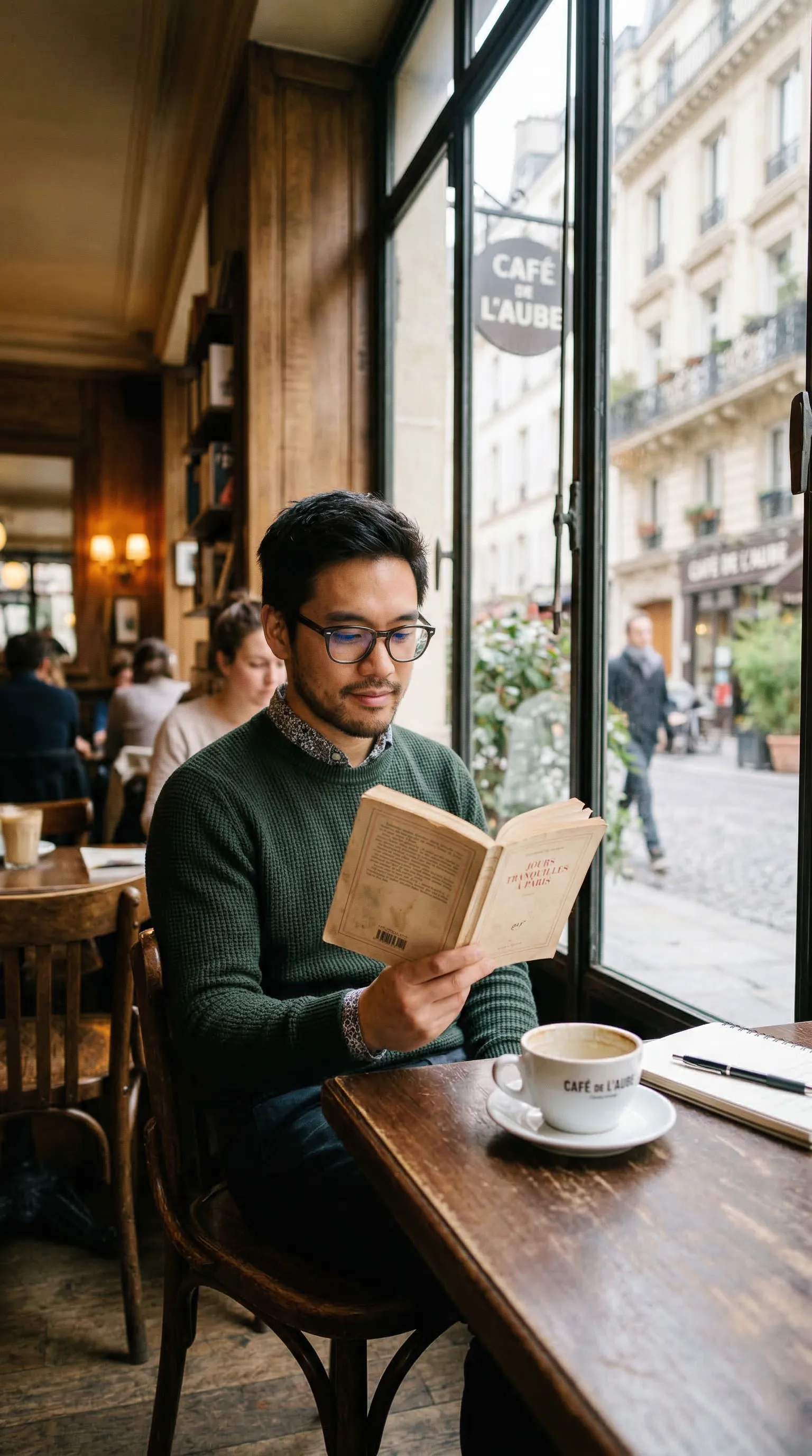 A soft focus, candid photo of a handsome multiracial man with glasses reading a book by the window in a cozy, sunlit Parisian cafe.
