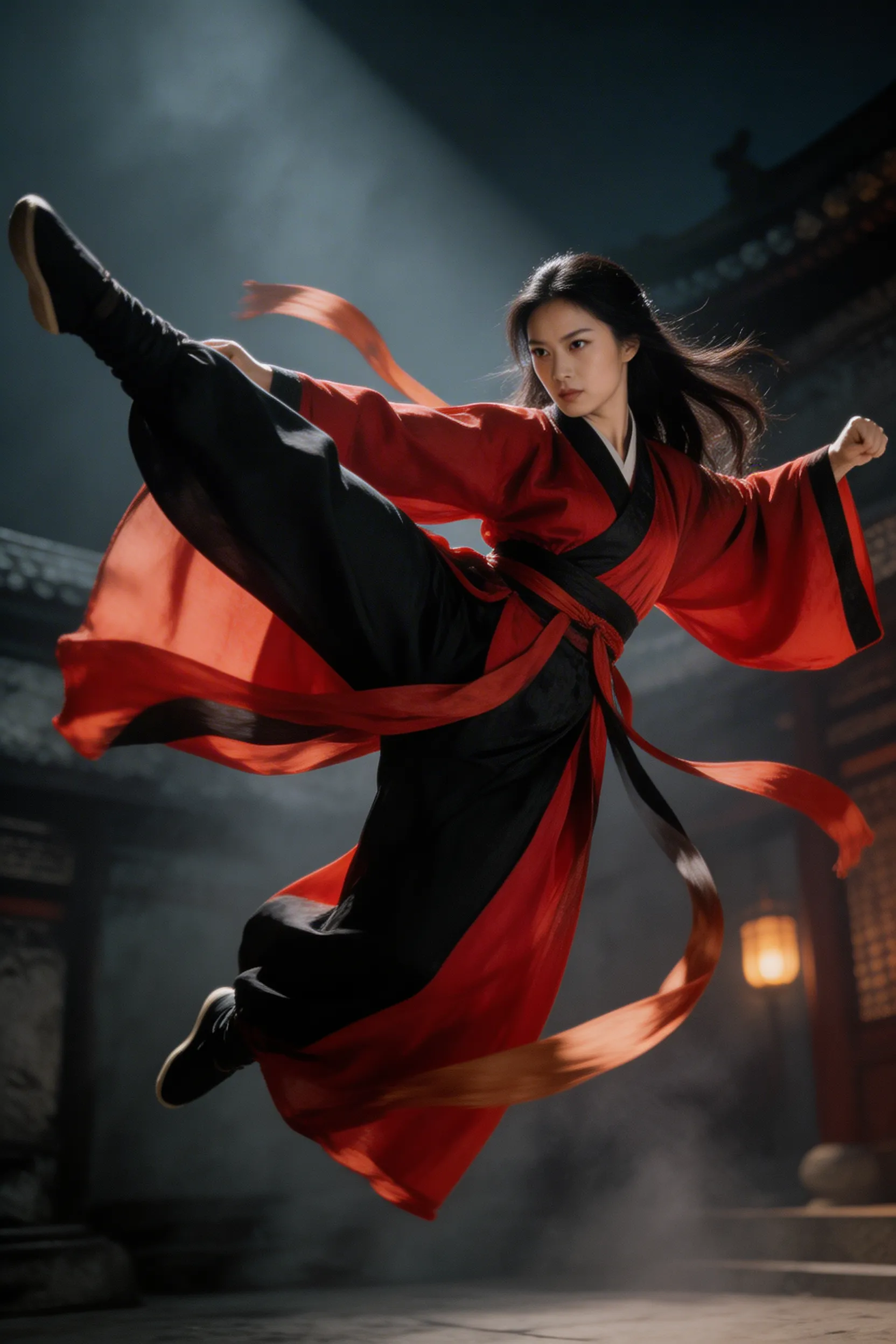 A high-energy action shot of a gorgeous East Asian woman performing a dynamic martial arts kick, traditional garments flowing, dramatic lighting.