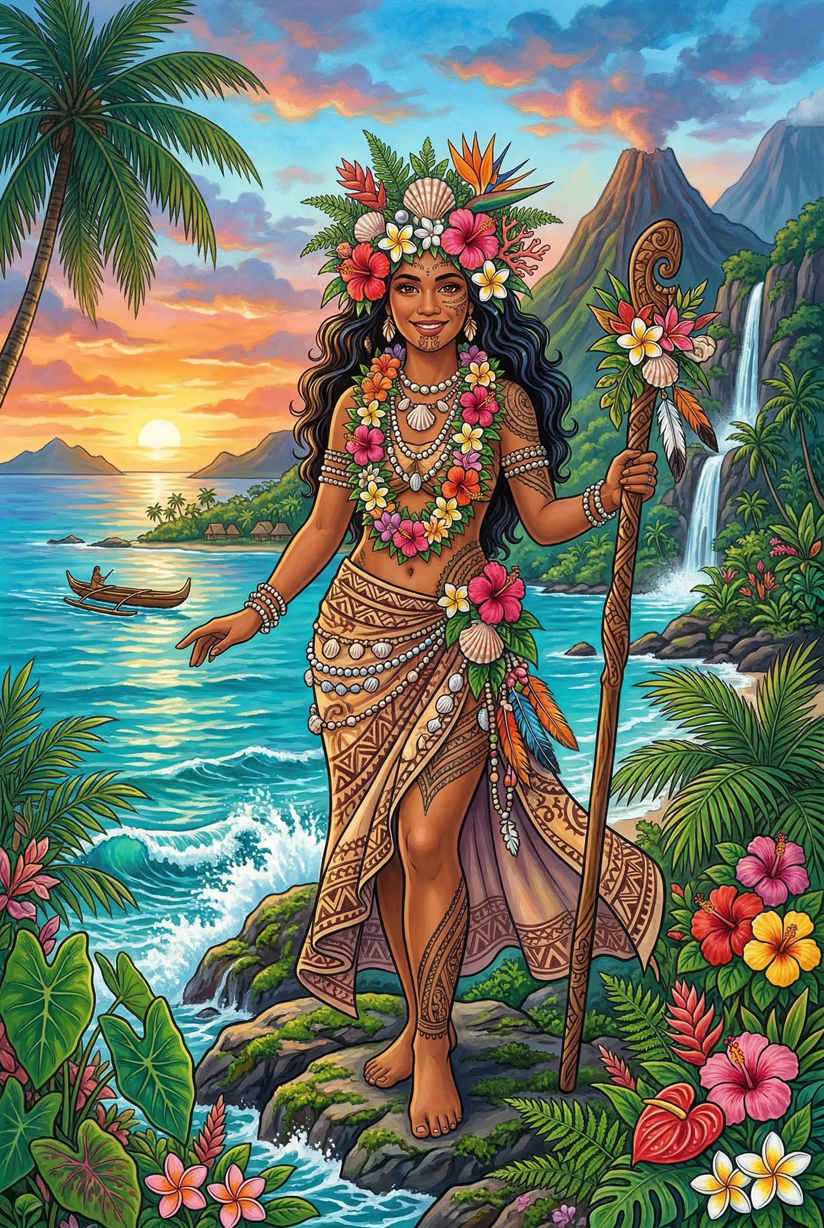 A lush, vibrant illustration of a gorgeous Polynesian woman depicted as an island goddess, adorned with tropical flowers and seashells.