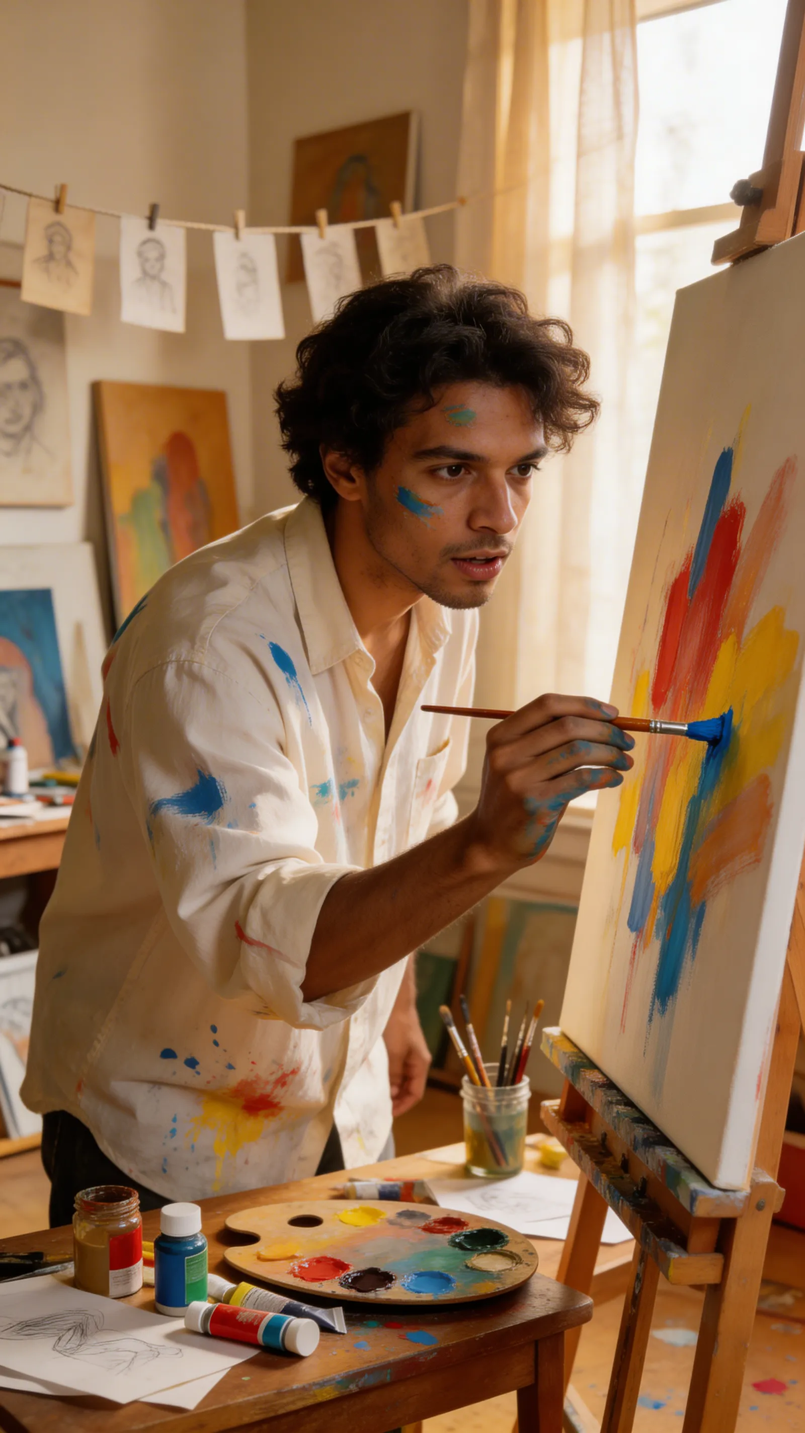 A messy but aesthetic artist's studio featuring an attractive multiracial man covered in slight paint smudges, passionately painting on a large canvas.