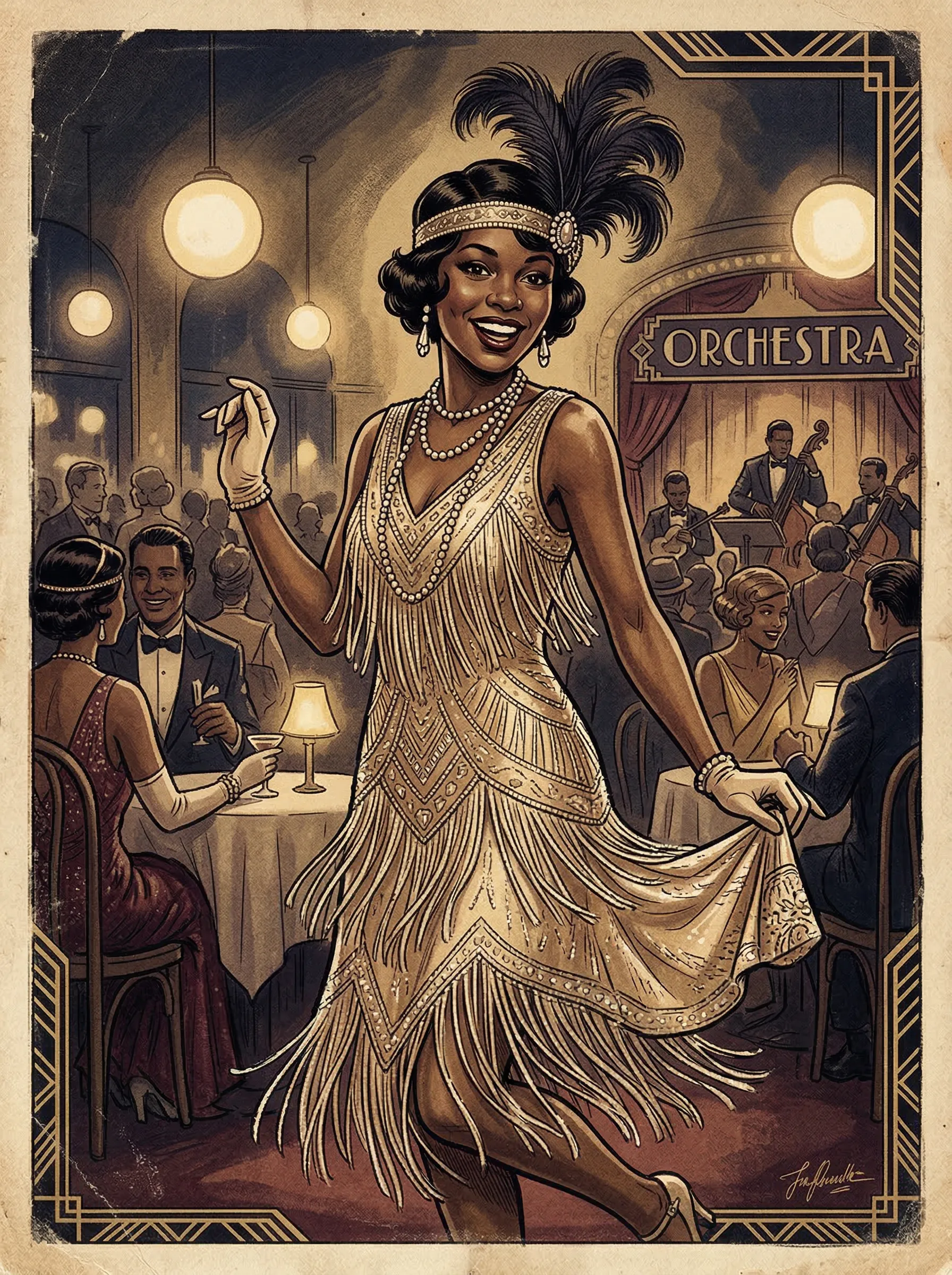 A vintage-style illustration of a stunning Black woman dressed as a 1920s flapper, wearing a beaded dress and a feathered headband in a jazz club.
